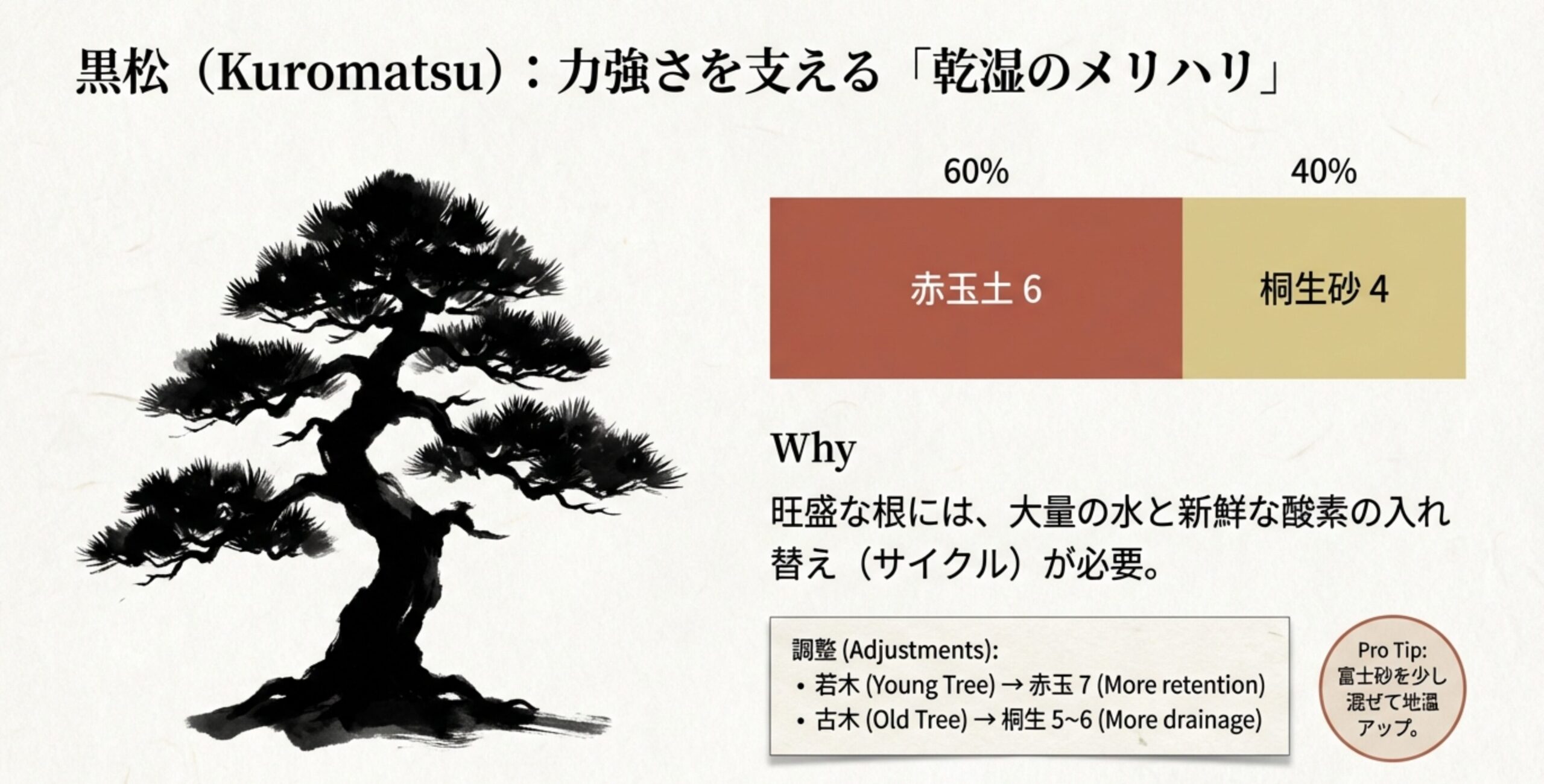 黒松の基本配合（赤玉6：桐生4）と、若木・古木に応じた調整、地温を上げる富士砂の活用法を記したガイド。