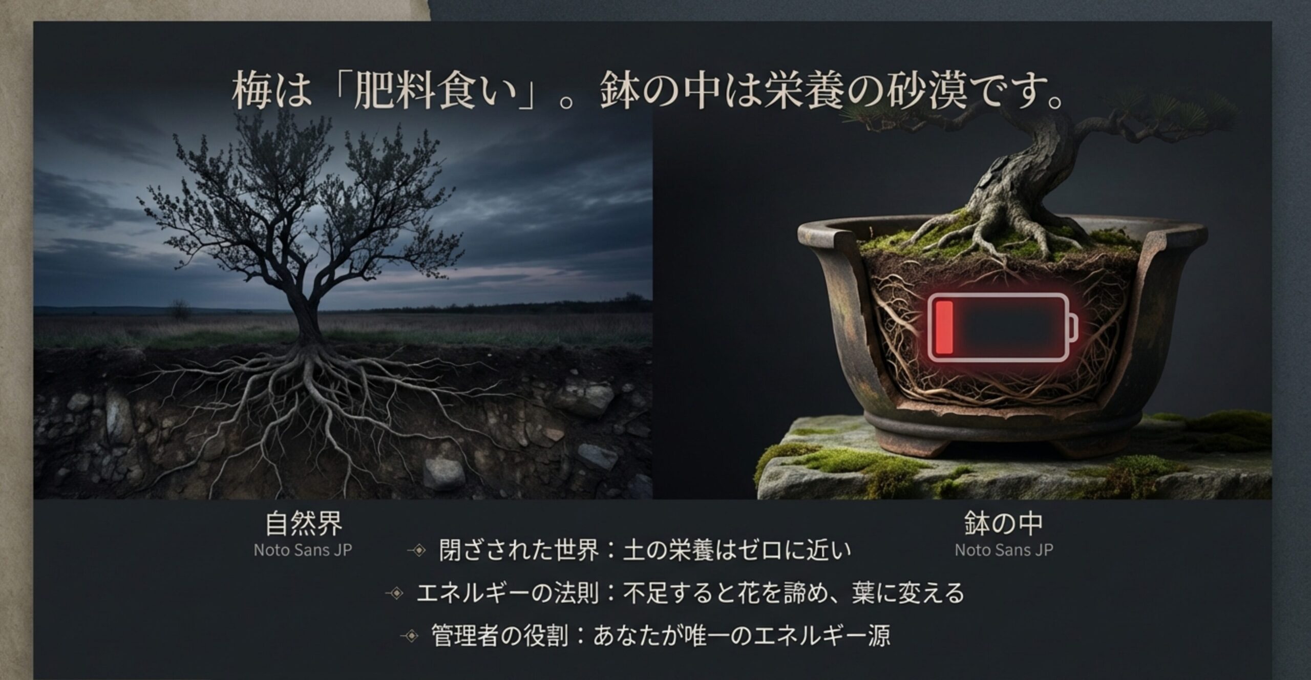 梅は「肥料食い」であることや、鉢の中が栄養不足になりやすい「砂漠」のような環境であることを説明する図解。