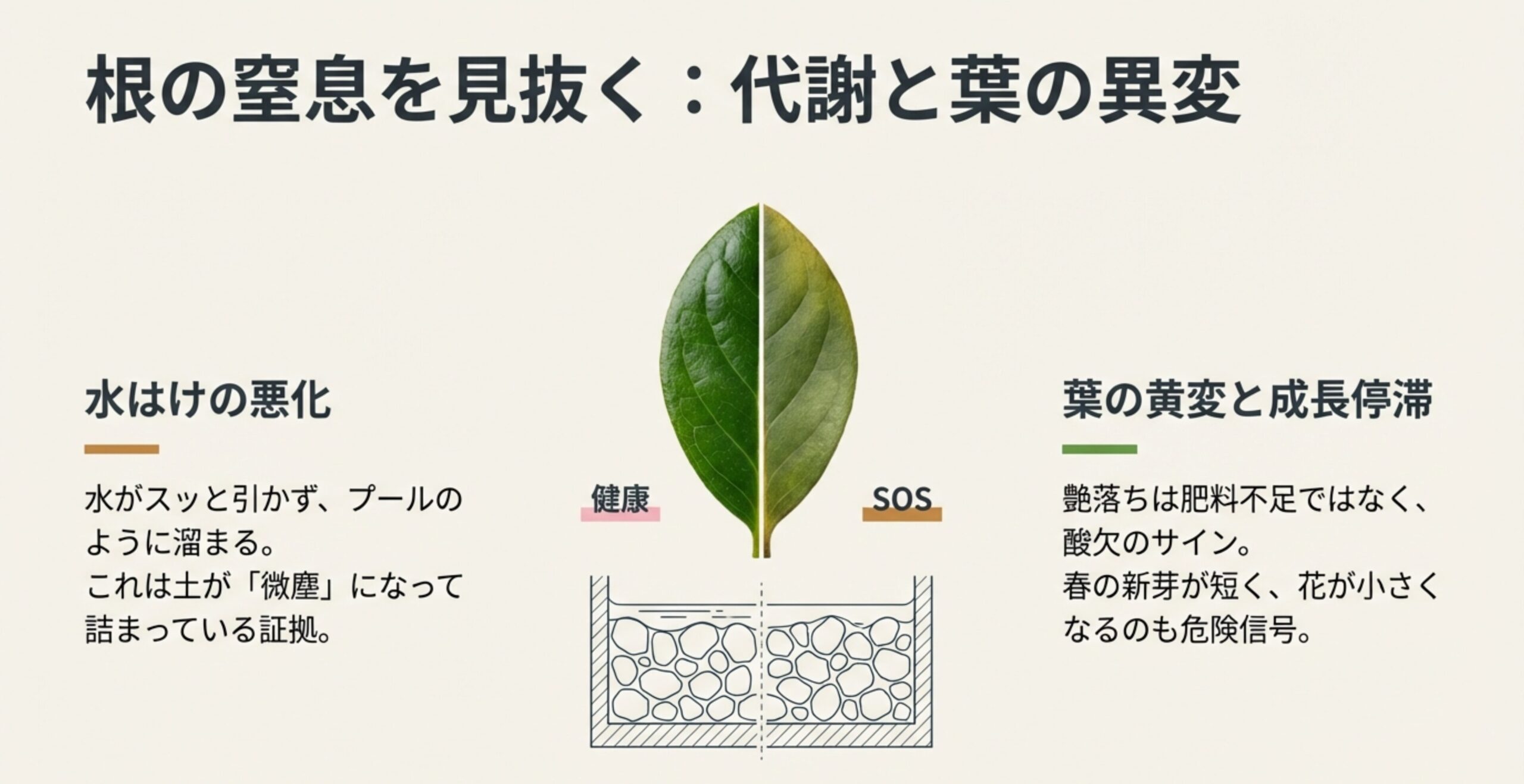 土が詰まって水がプールのように溜まっている様子と、健康な状態の比較。および酸欠による葉の黄変や成長停滞を示すイラスト。