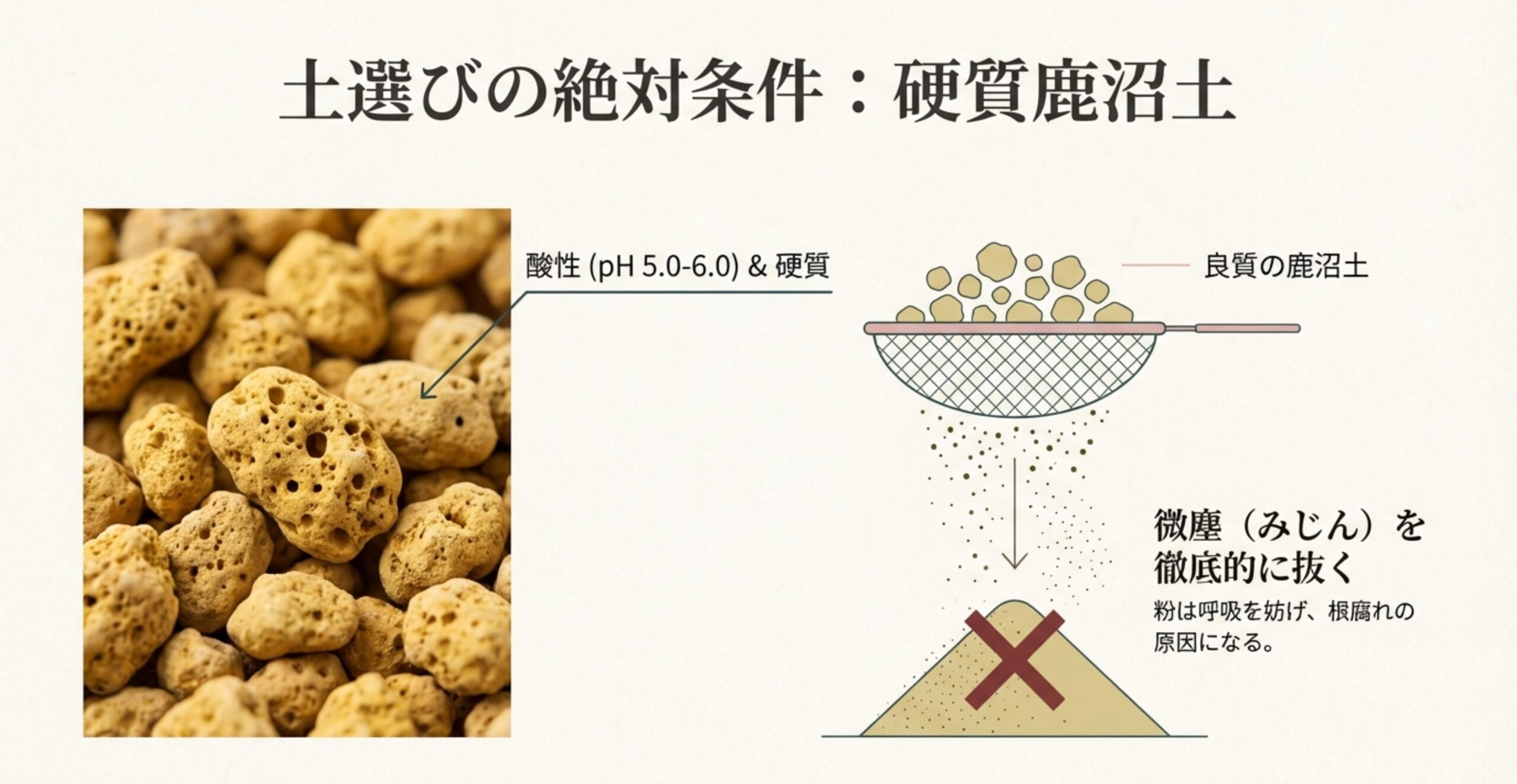 粒のしっかりした硬質鹿沼土の拡大写真。微塵（粉）を徹底的に抜くことが根の呼吸に不可欠であることを説明する画像。