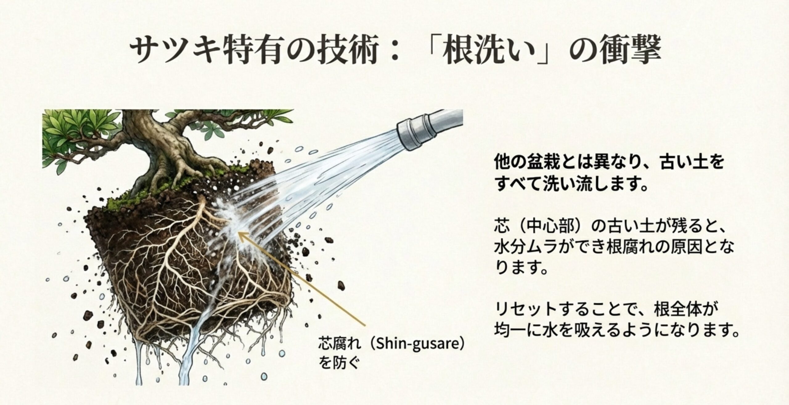 古い土をすべて洗い流し、水分ムラや芯腐れを防ぐメリットを解説するスライド。