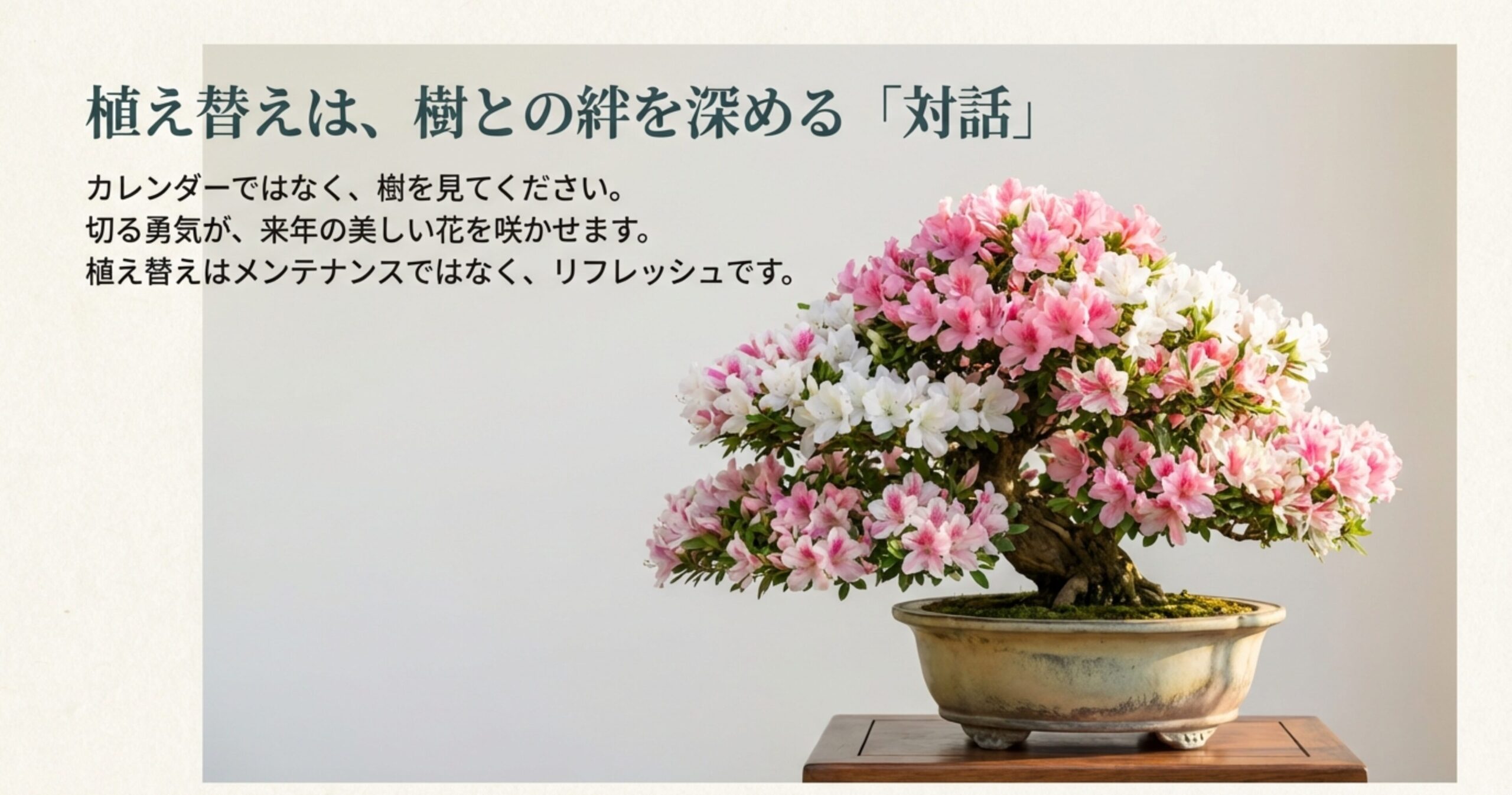 「カレンダーではなく、樹を見てください」というメッセージ。植え替えはメンテナンスではなくリフレッシュであるという和盆日和の考え方。
