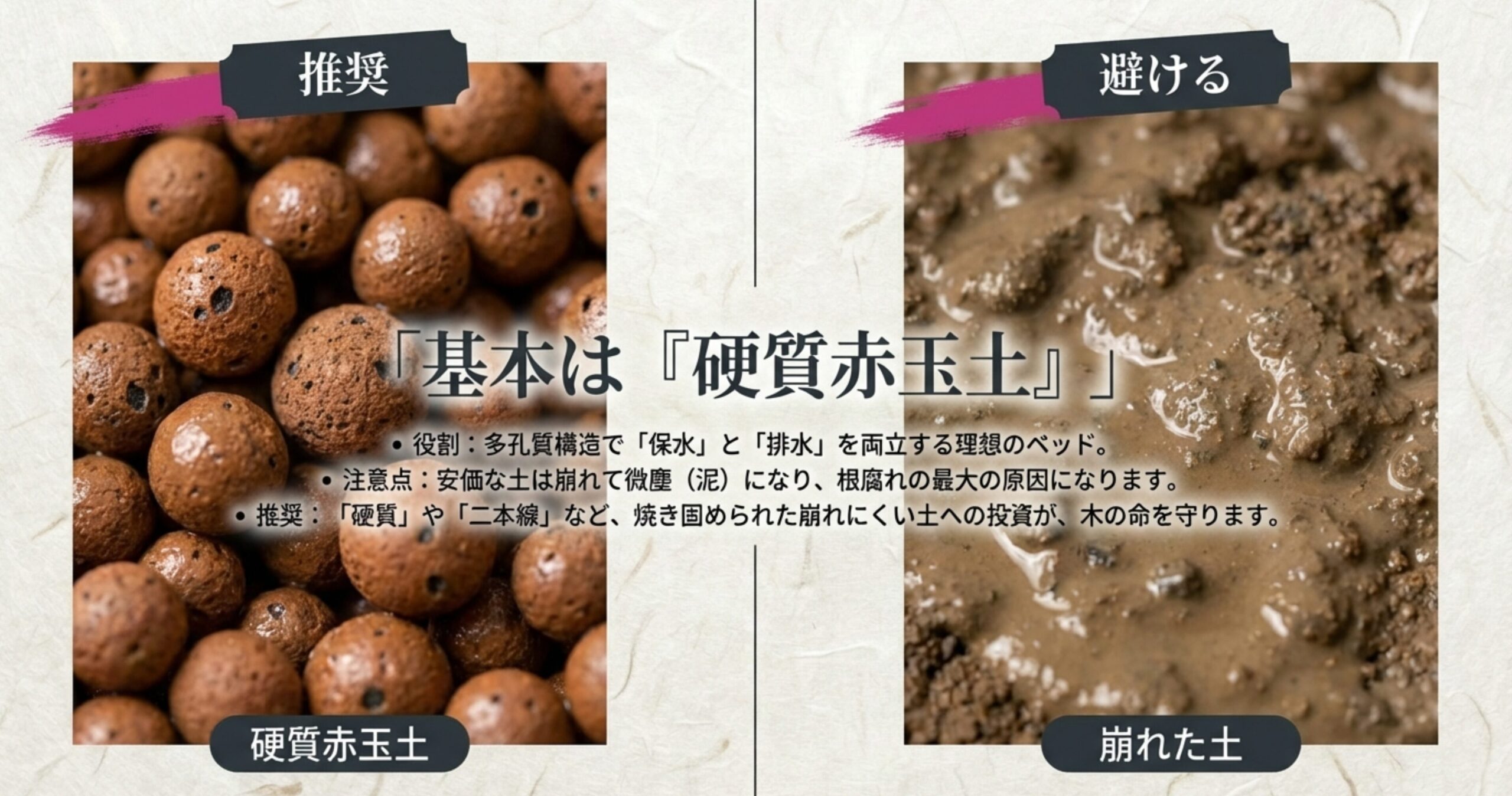 硬質赤玉土と崩れて泥状になった土を比較し、根腐れ防止のために硬い土への投資を推奨するスライド。