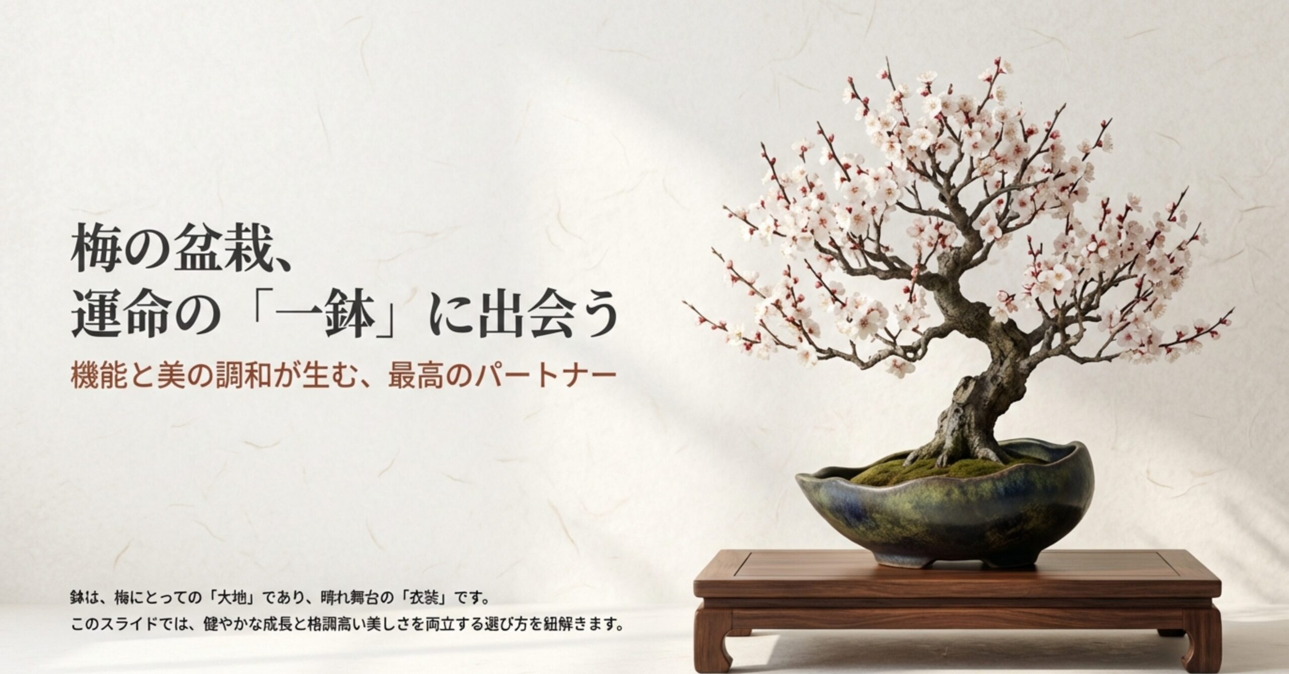 美しい白い花を咲かせた梅の盆栽が、格調高い陶器の鉢に植えられている写真。タイトルは「梅の盆栽、運命の一鉢に出会う。機能と美の調和が生む、最高のパートナー」。