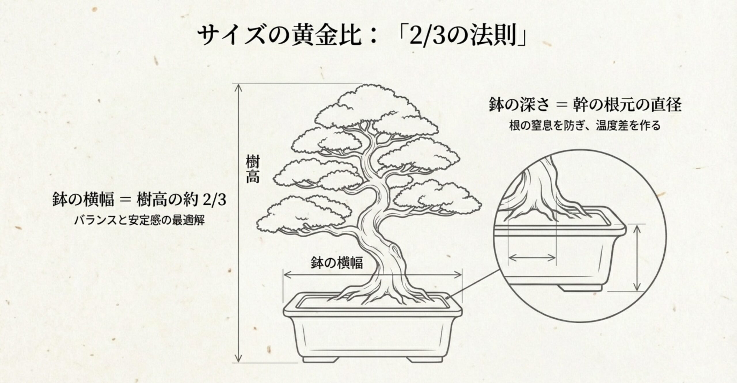 盆栽の樹高に対して鉢の横幅を約$2/3$にするバランスと、鉢の深さを幹の根元の直径に合わせるという、健康と美しさを両立するサイズ設計の図解。