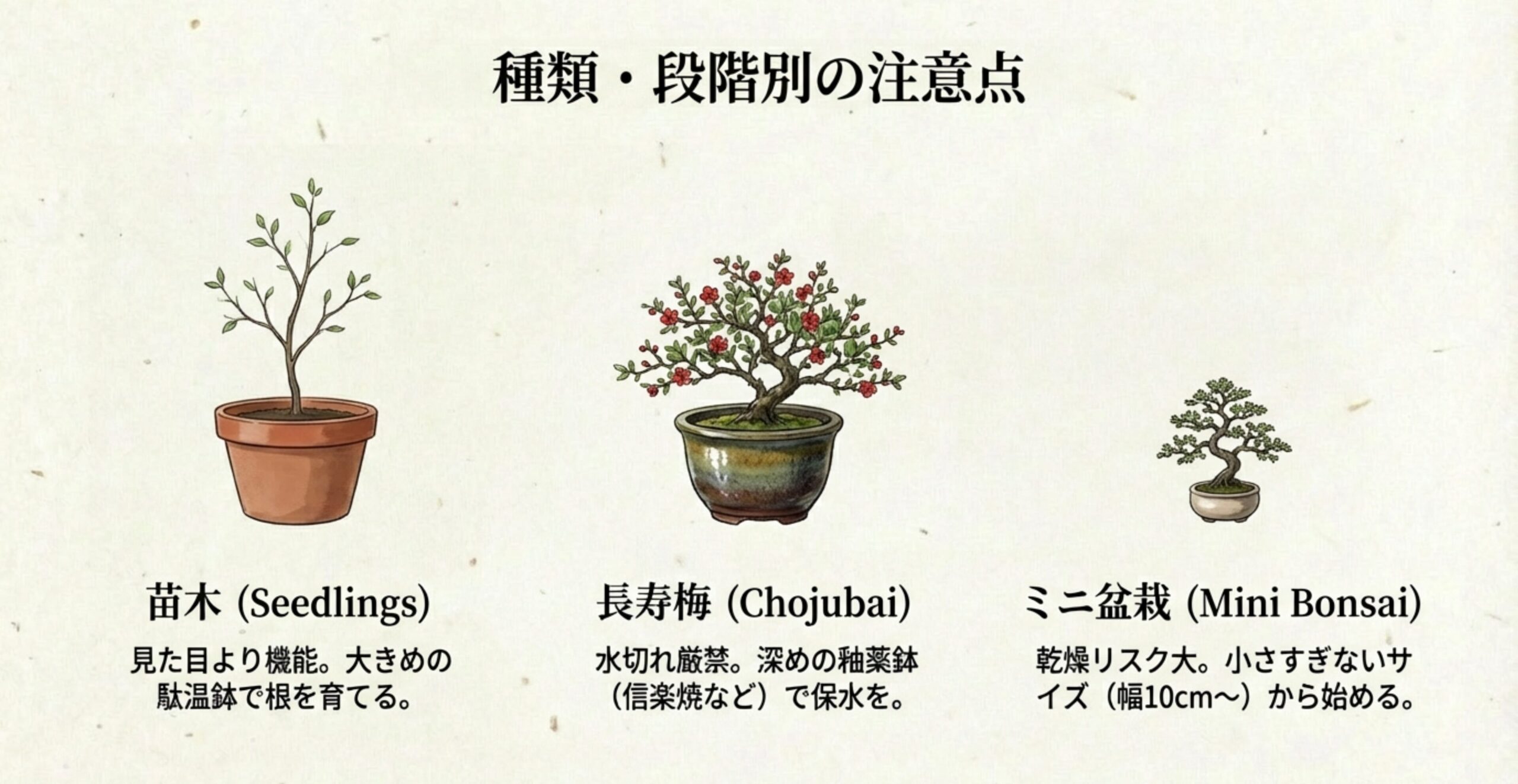 苗木（機能重視の大きめ駄温鉢）、長寿梅（水切れを防ぐ深めの釉薬鉢）、ミニ盆栽（乾燥リスクを避けるサイズ選び）という、種類ごとの具体的なアドバイスをまとめたスライド。