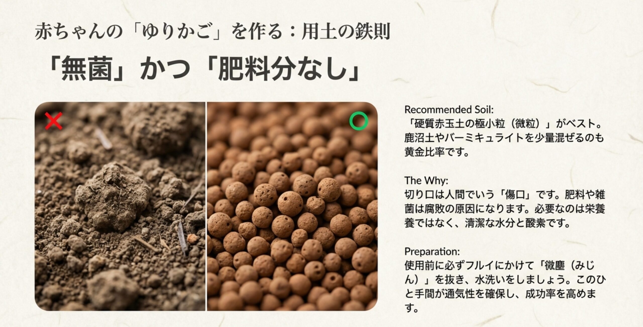 肥料や雑菌のない清潔な用土（赤玉土）のクローズアップ画像と、微塵（みじん）を抜く重要性の解説。