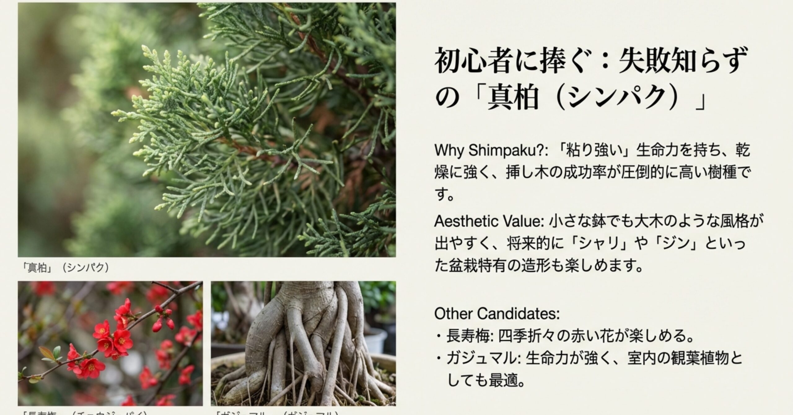真柏（シンパク）、長寿梅、ガジュマルの写真と、それぞれの樹種が挿し木初心者におすすめである理由の紹介。