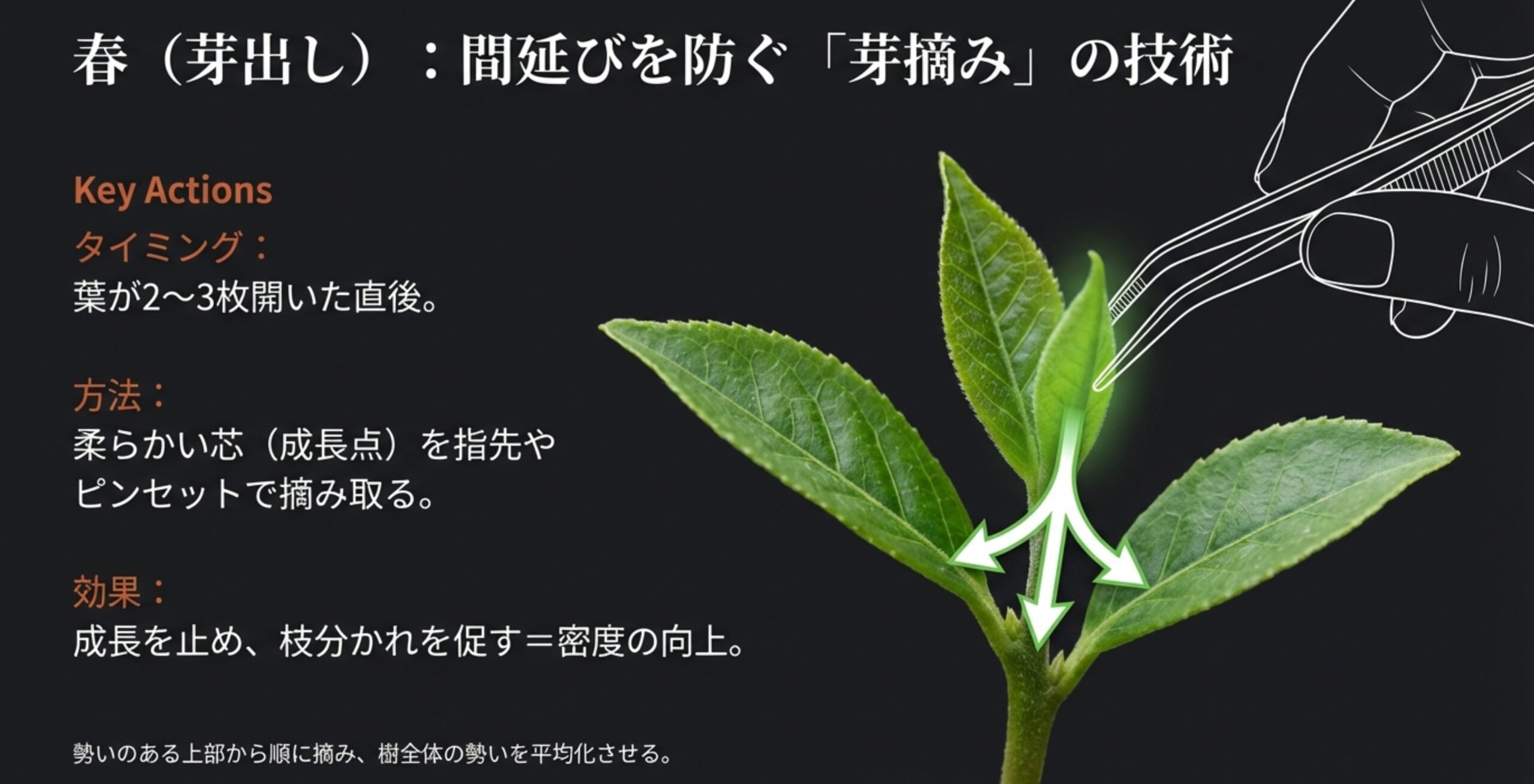 葉が2〜3枚開いた直後の芯を摘み取る「芽摘み」の手順と、それによって枝の密度が向上するメカニズムを解説した資料。