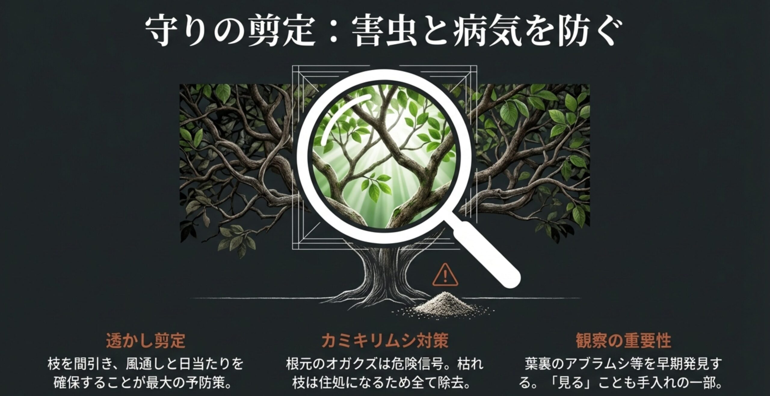 虫眼鏡で樹を観察するイラスト。風通しを良くする透かし剪定や、カミキリムシ対策としての枯れ枝除去の重要性を解説。