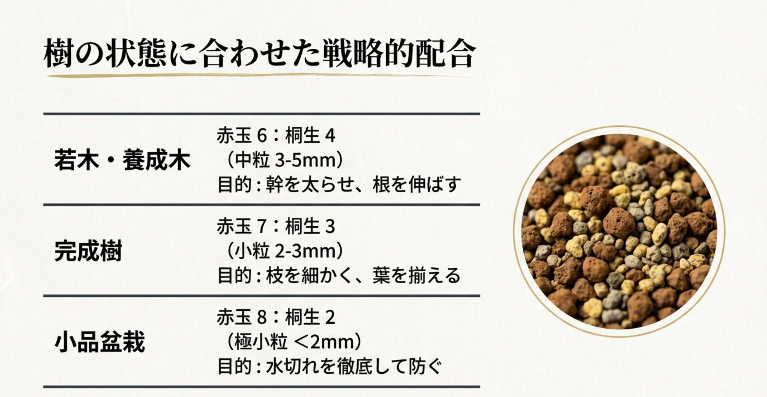 若木（中粒）、完成樹（小粒）、小品盆栽（極小粒）の3パターンにおける、赤玉土と桐生砂の配合比率と使用目的をまとめた比較図。