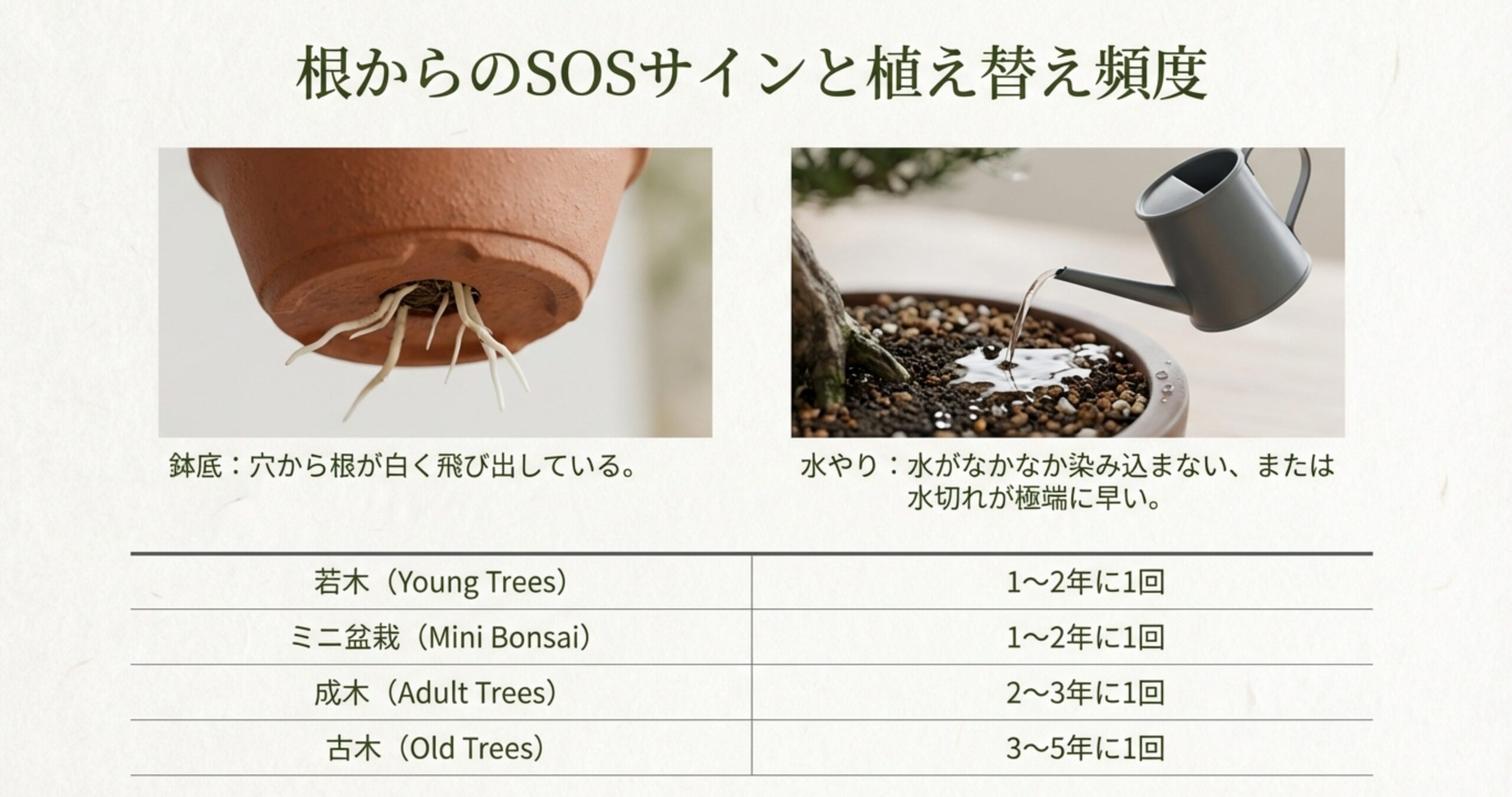 太い「走り根」を切り細かい吸収根を促す剪定の様子と、グラつきを防ぐために鉢底から針金で根鉢を固定する重要性を解説する図。