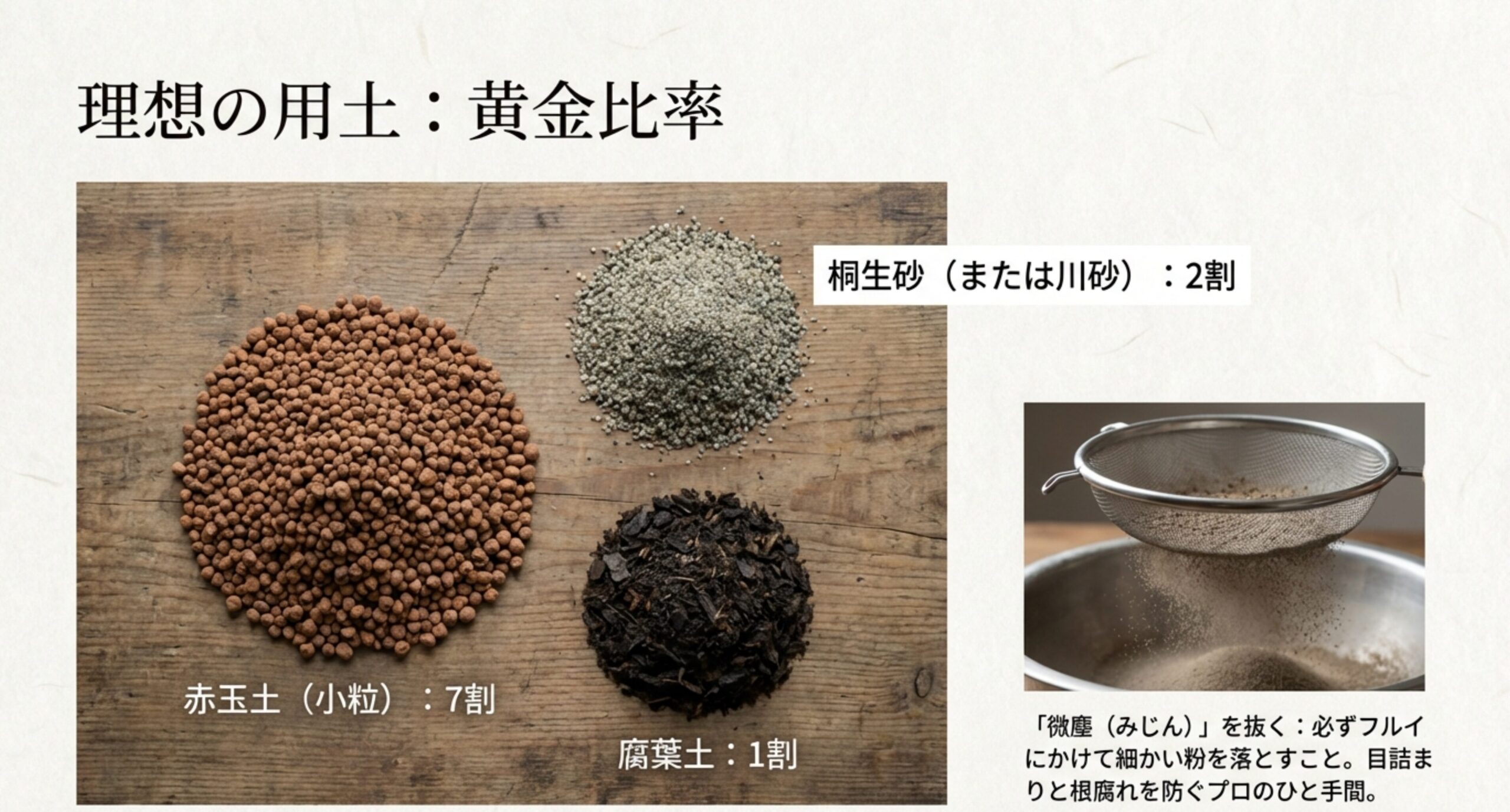 赤玉土7：桐生砂2：腐葉土1の黄金比率と、フルイにかけて微塵（粉）を落とすプロのひと手間を解説するスライド