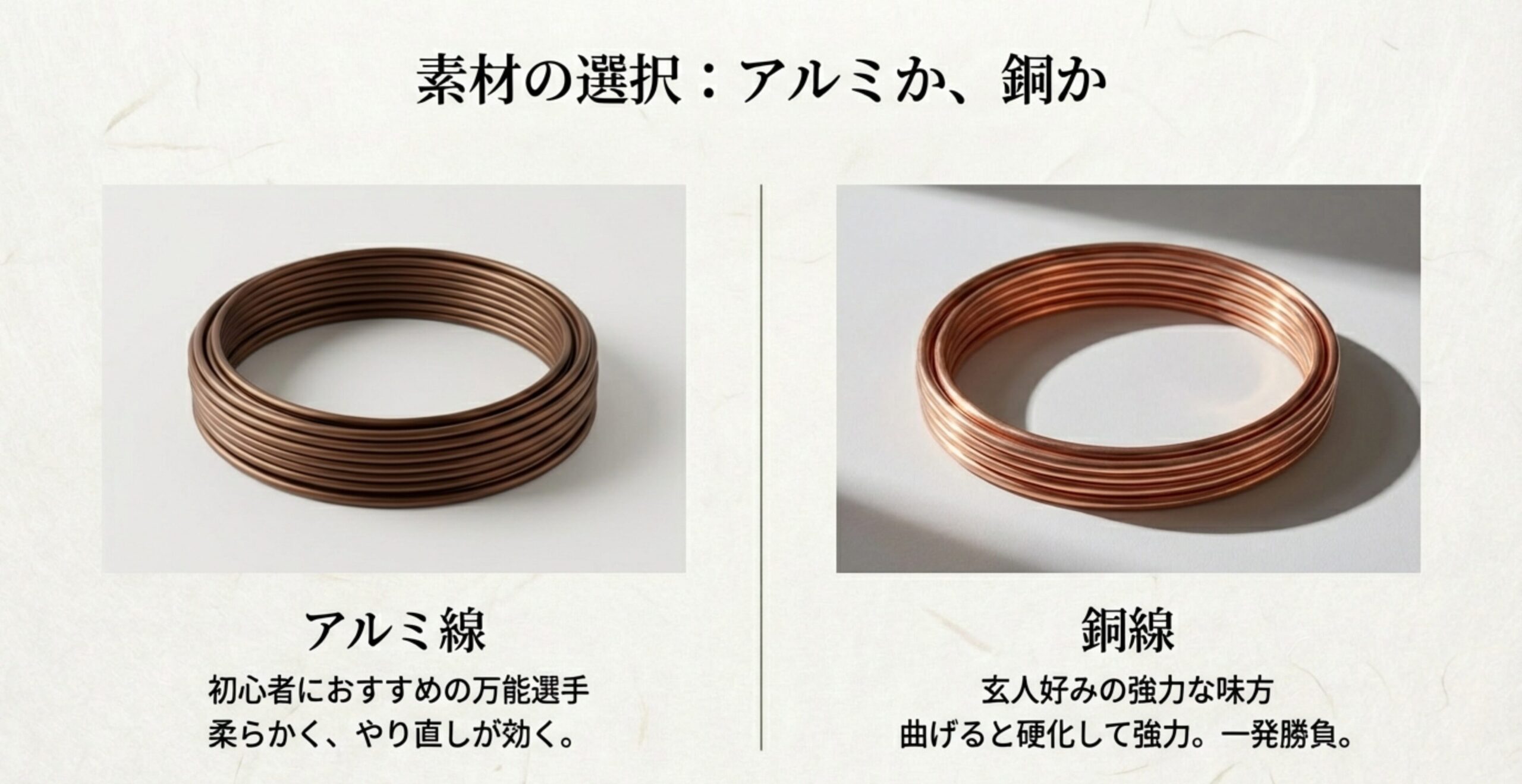 栽用のアルミ線と銅線の比較写真。アルミ線は柔らかく初心者におすすめ、銅線は曲げると硬化し強力な保持力を持つ玄人向けであることを解説。