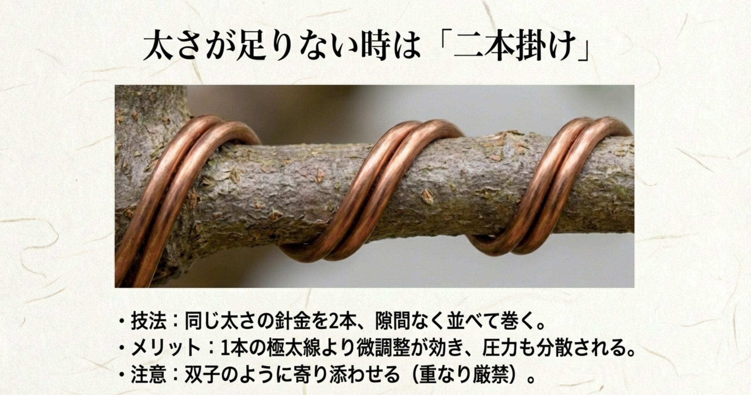 同じ太さの銅線を2本並べて巻く「二本掛け」の拡大写真。1本の極太線よりも微調整が効き、圧力が分散されるメリットと、重ならないように巻く注意点。