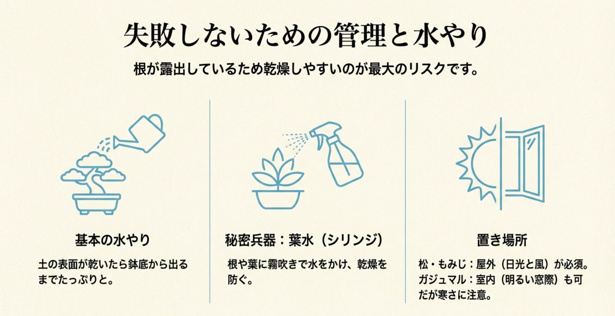 盆栽の管理方法のアイコン図解。たっぷりの水やり、葉水（シリンジ）、日光と置き場所のポイントを解説。