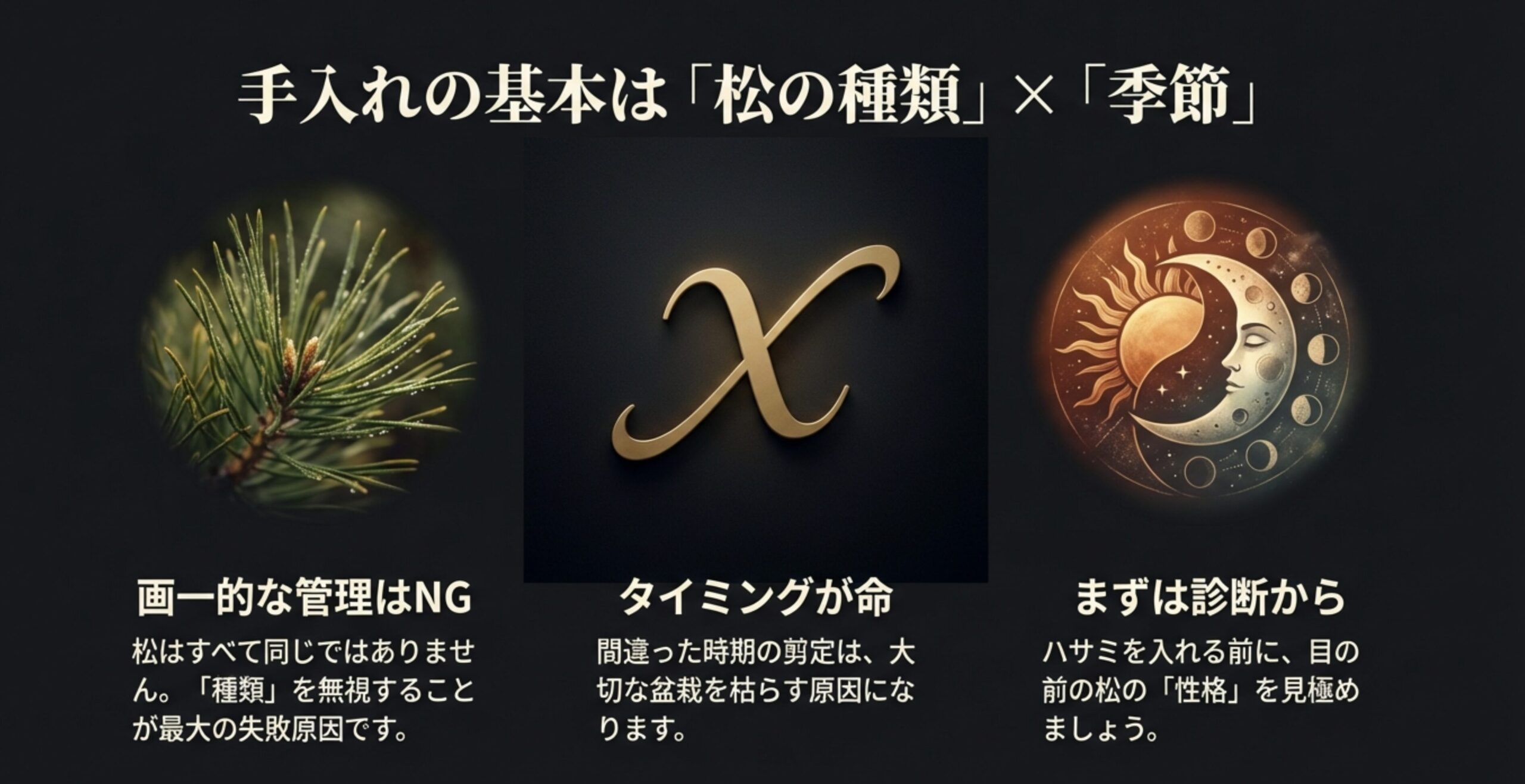 松盆栽の手入れの基本図解。松の種類と季節を組み合わせた管理スケジュールの重要性。