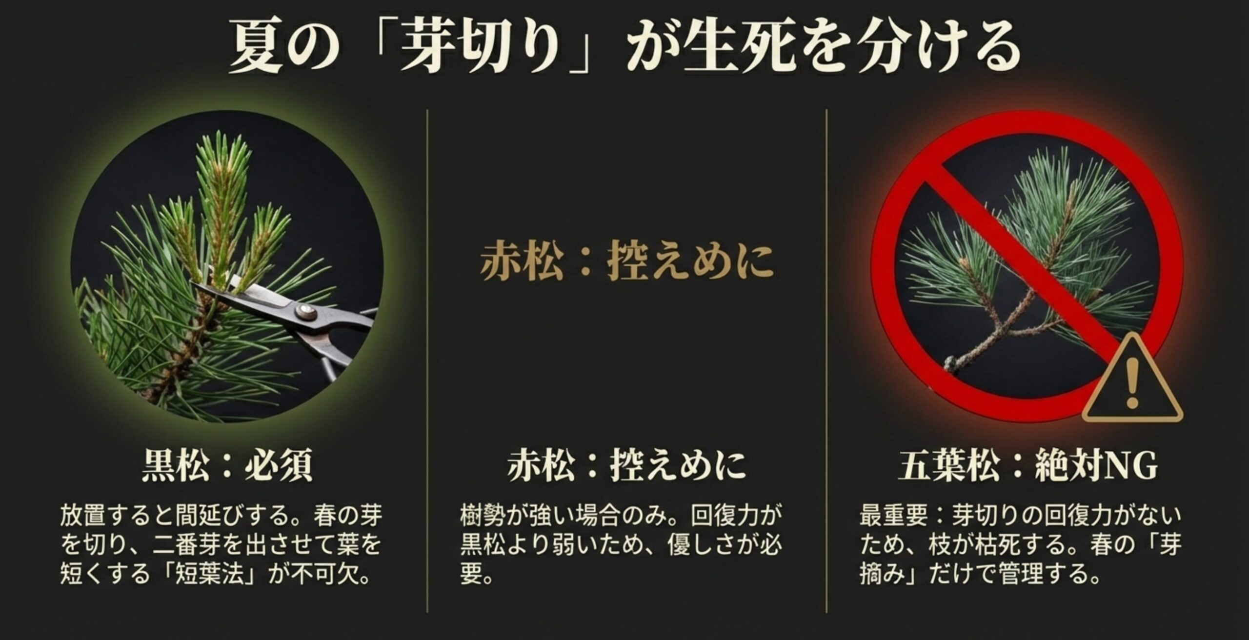 夏の芽切りが生死を分ける。黒松は必須、赤松は控えめ、五葉松は絶対NGという剪定ルールの警告図。