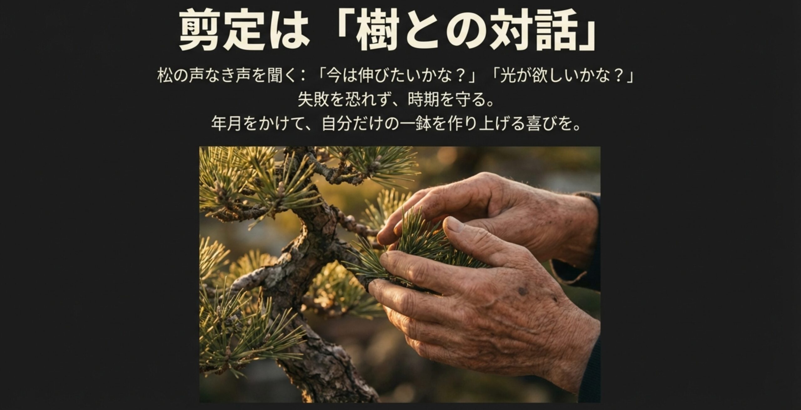 松の葉に優しく触れる手元。剪定は樹との対話であり、自分だけの一鉢を作る喜びを表現したイメージ。