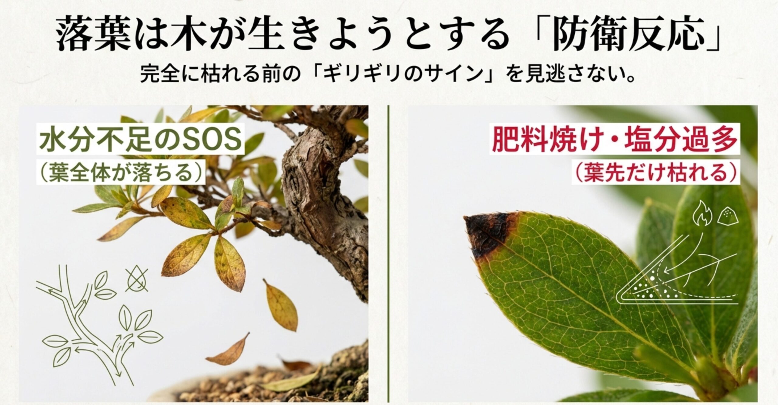 葉全体が茶色くなりパラパラと落ちる水分不足の症状とメカニズムの図解