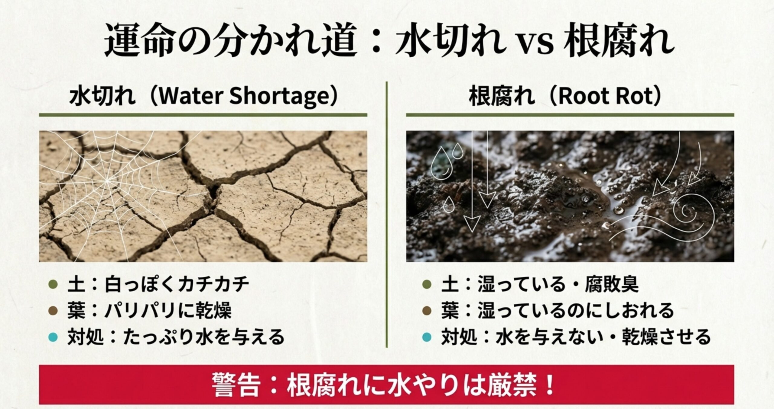 乾燥してひび割れた土(水切れ)と湿って腐敗した土(根腐れ)のイラスト比較