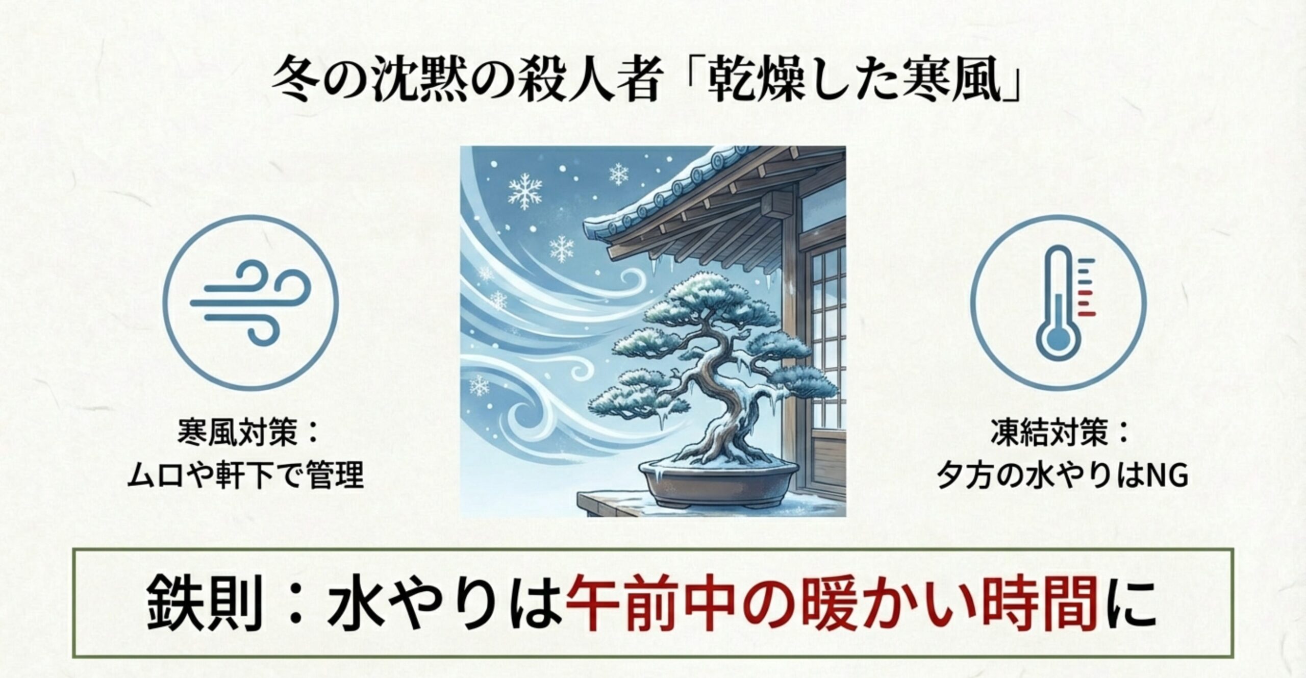 雪の降る中で軒下に置かれた盆栽のイラスト。寒風と乾燥から守る重要性を示唆