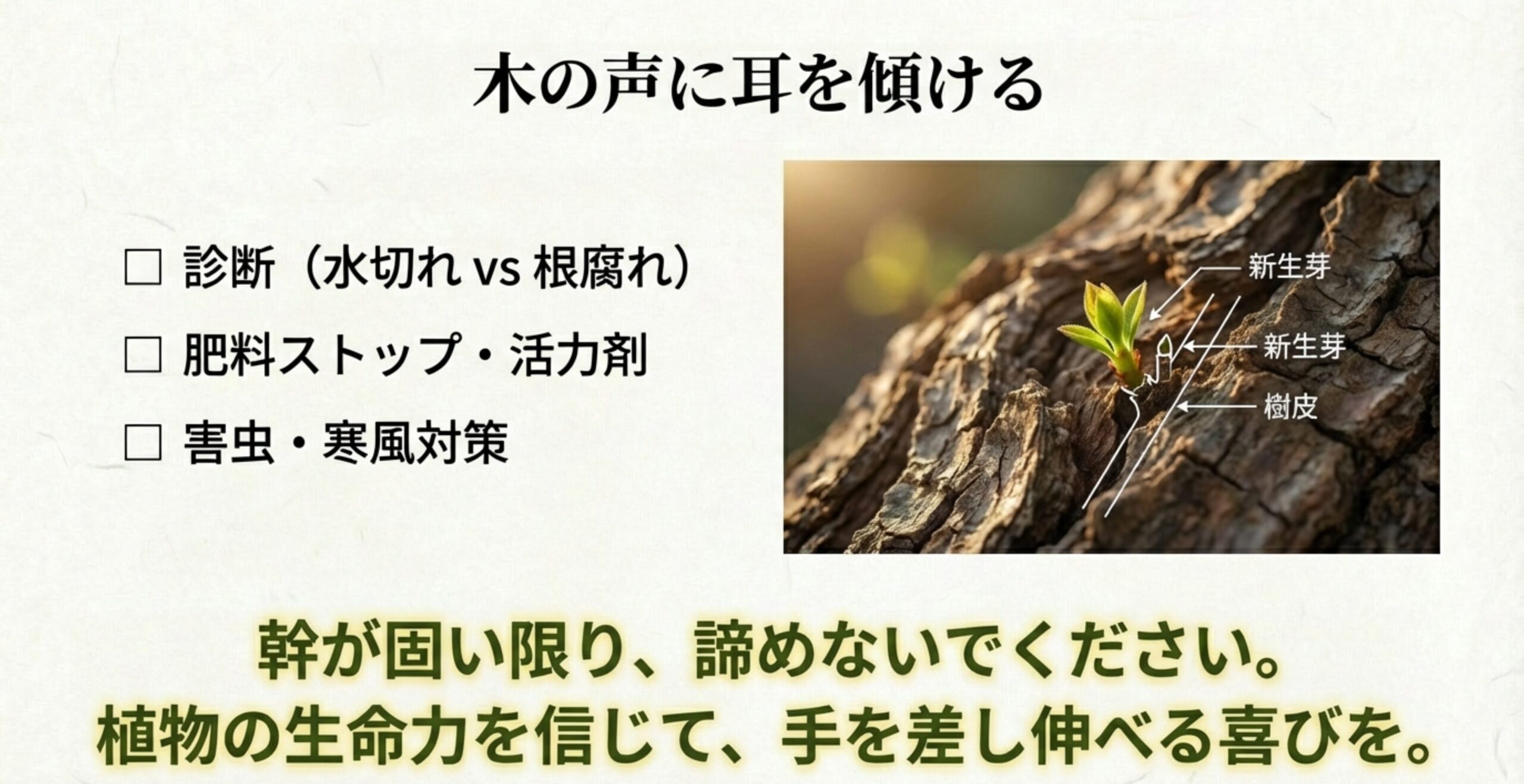 木の声に耳を傾けるための診断チェックリストと新生芽のイラスト