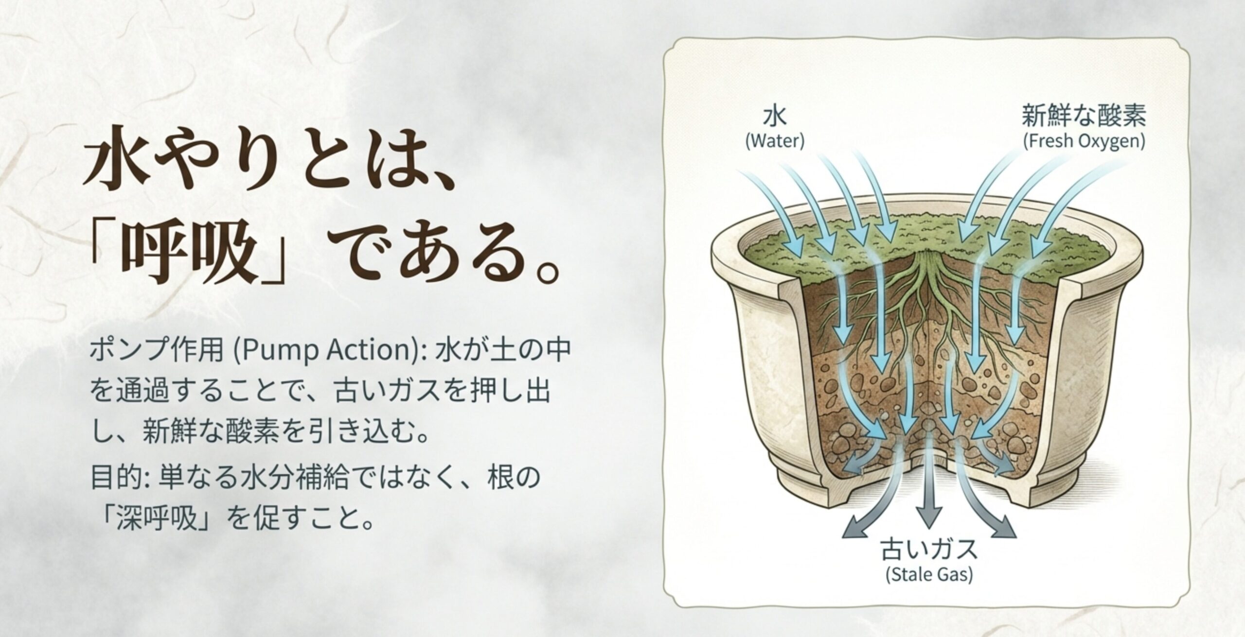 水やりによって土の中の古いガスを押し出し、新鮮な酸素を引き込むポンプ作用の図解