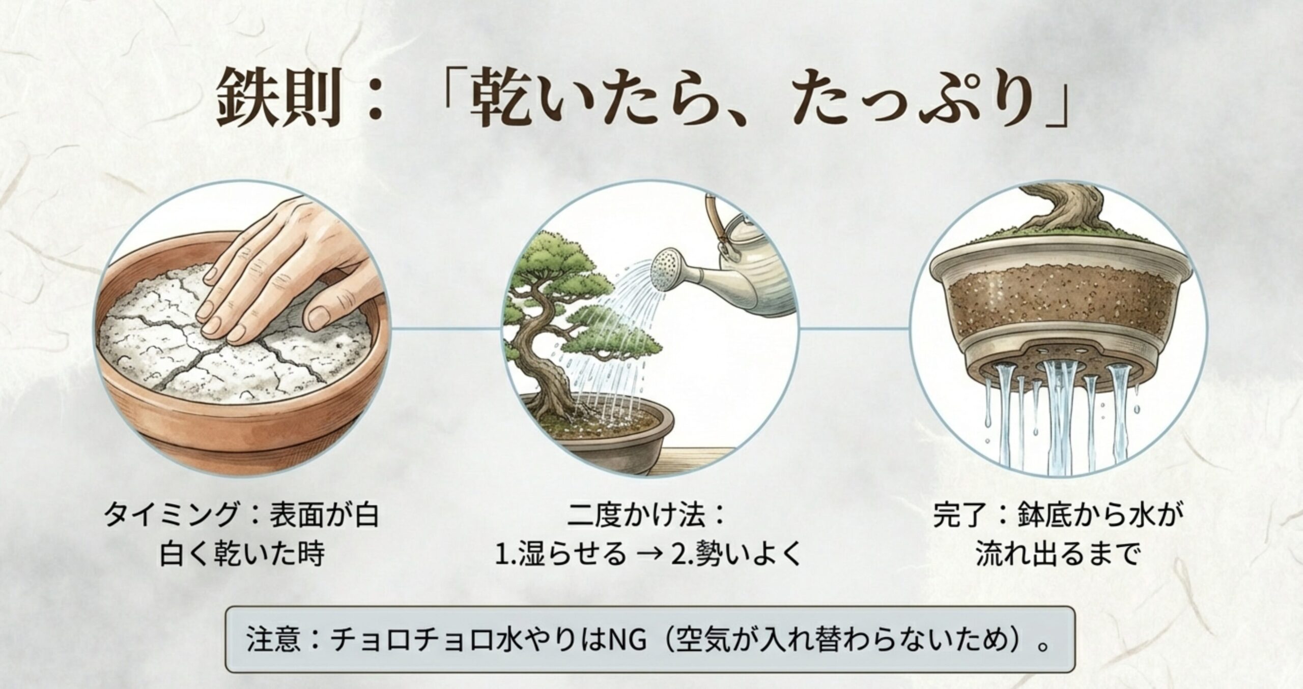 土の表面が白く乾いた状態を指で確認している様子と、鉢底から出るまで水をやるイラスト