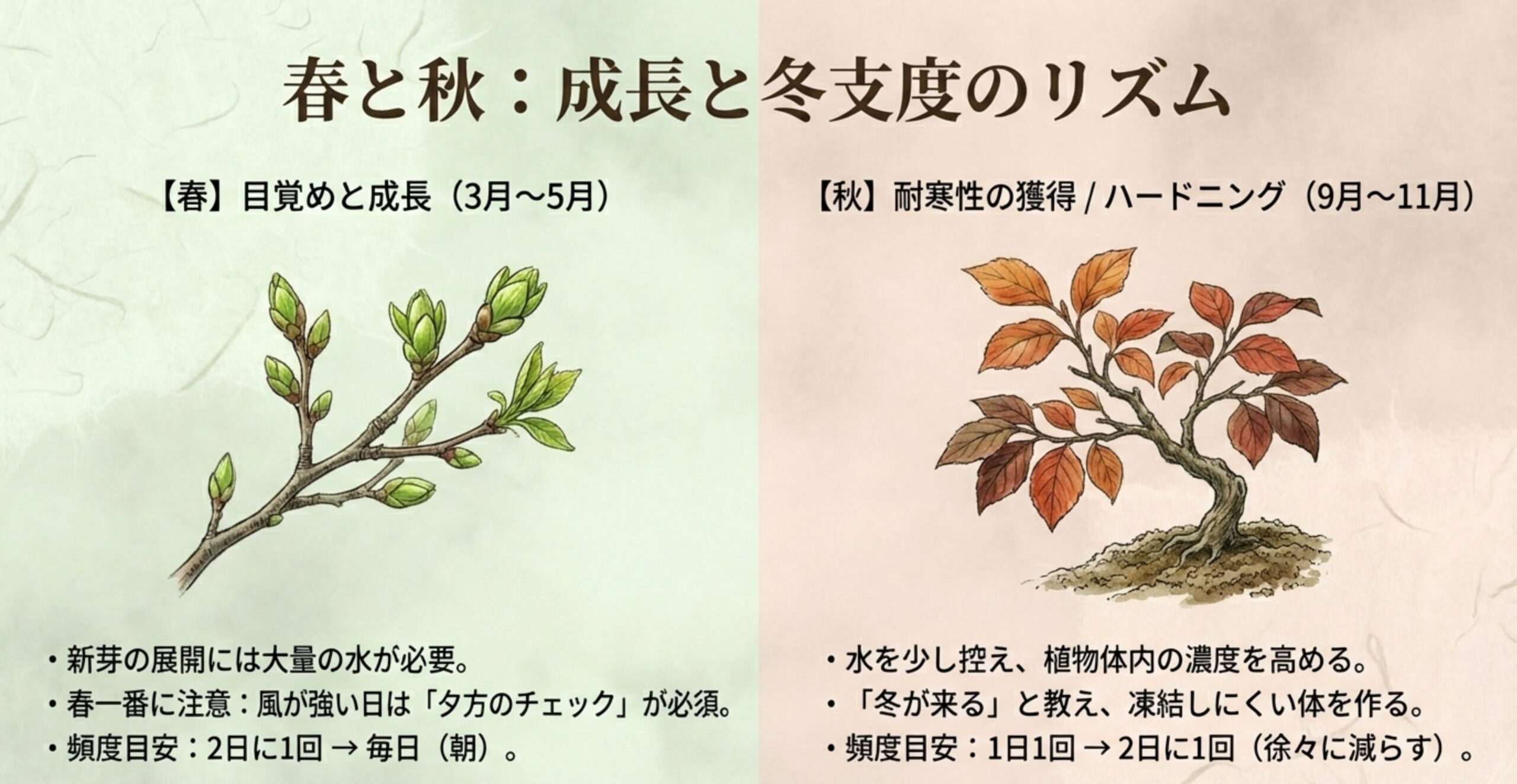 春の新芽の展開と秋の冬支度(ハードニング)における水やりのメリハリを解説したイラスト