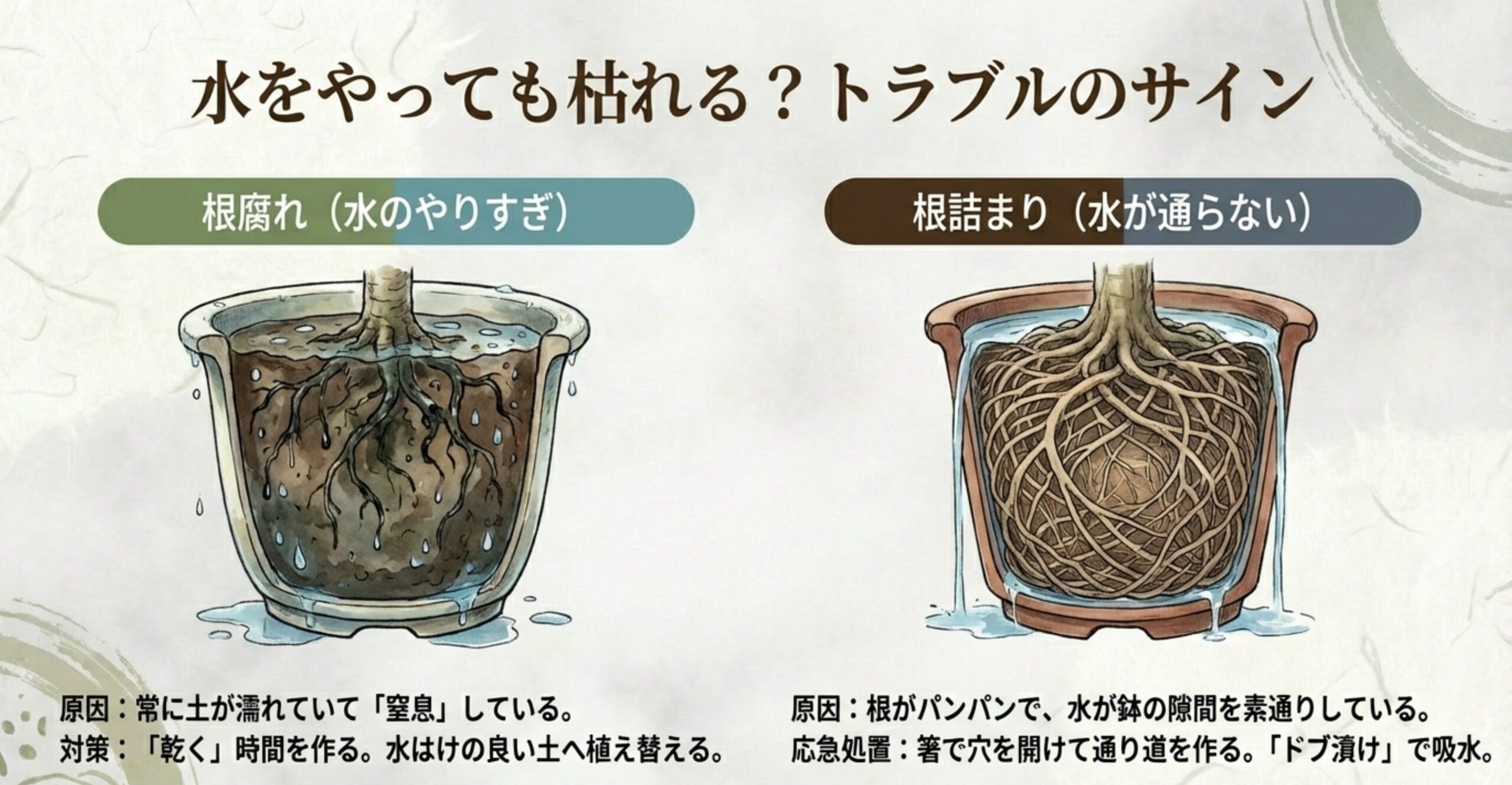 水のやりすぎによる根腐れと、根がパンパンに詰まって水が通らない根詰まりの鉢内断面図