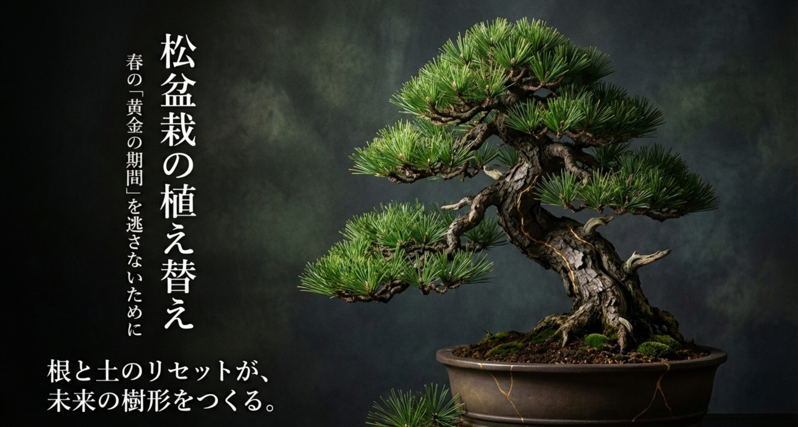 松盆栽の植え替えについて「春の黄金の期間を逃さないために」と書かれたタイトルスライド