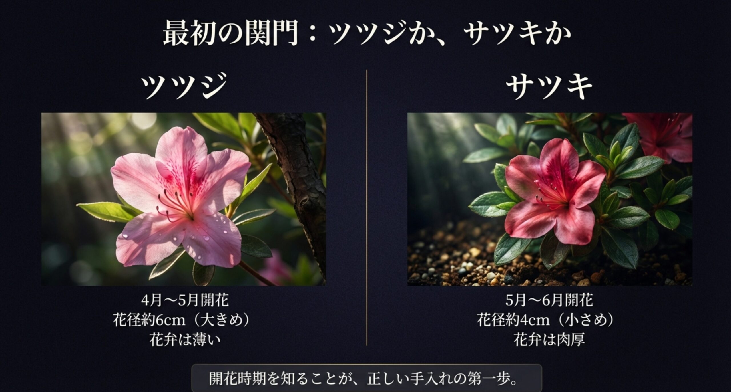 ツツジとサツキの開花時期や、花の大きさ・花弁の質感の違いを分かりやすく比較したスライド