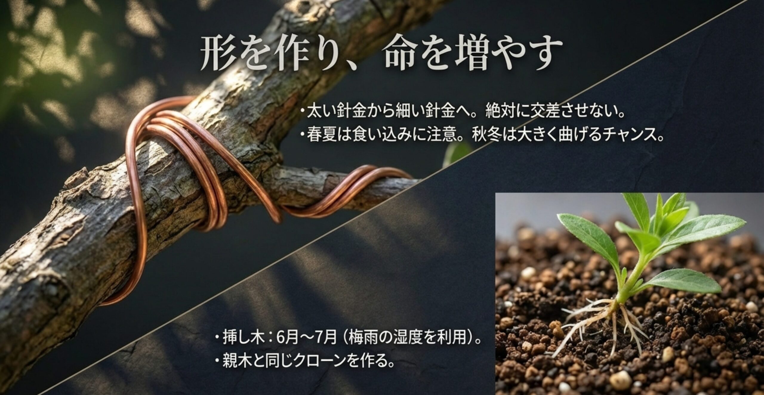 6月から7月に行う挿し木のポイントと、交差させない・食い込みに注意するといった針金かけの基本をまとめたスライド