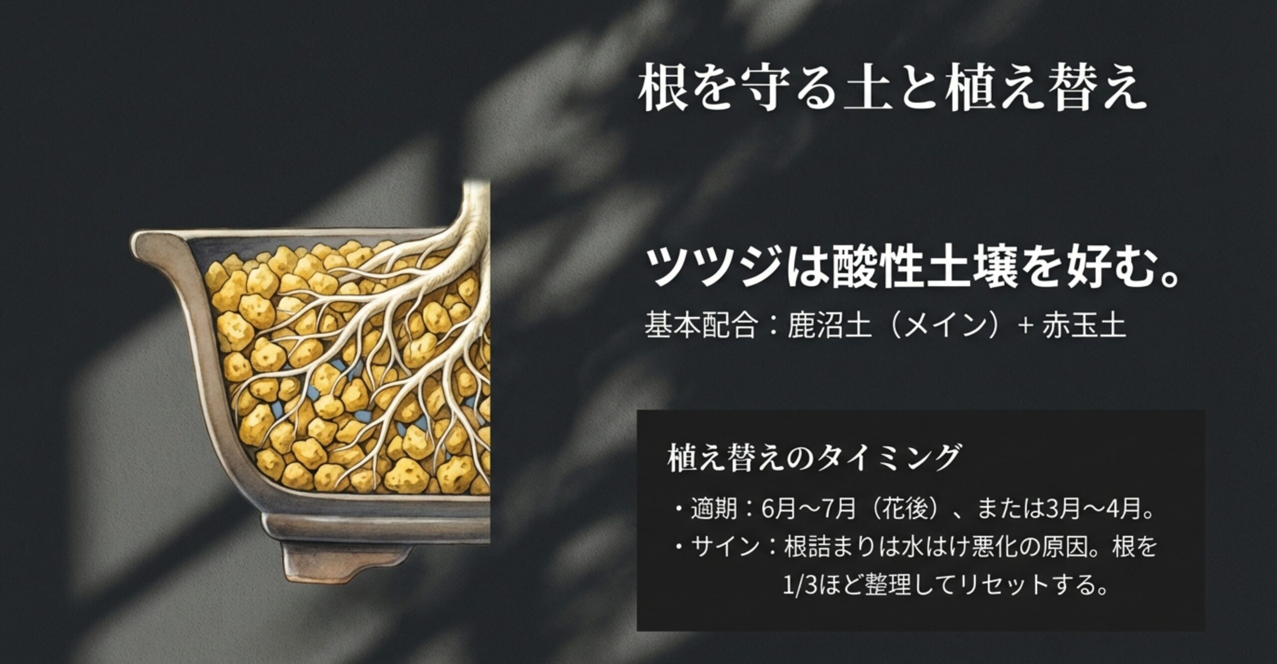 ツツジが好む鹿沼土メインの土の配合と、根詰まりを防ぐための植え替えのタイミングを解説したスライド