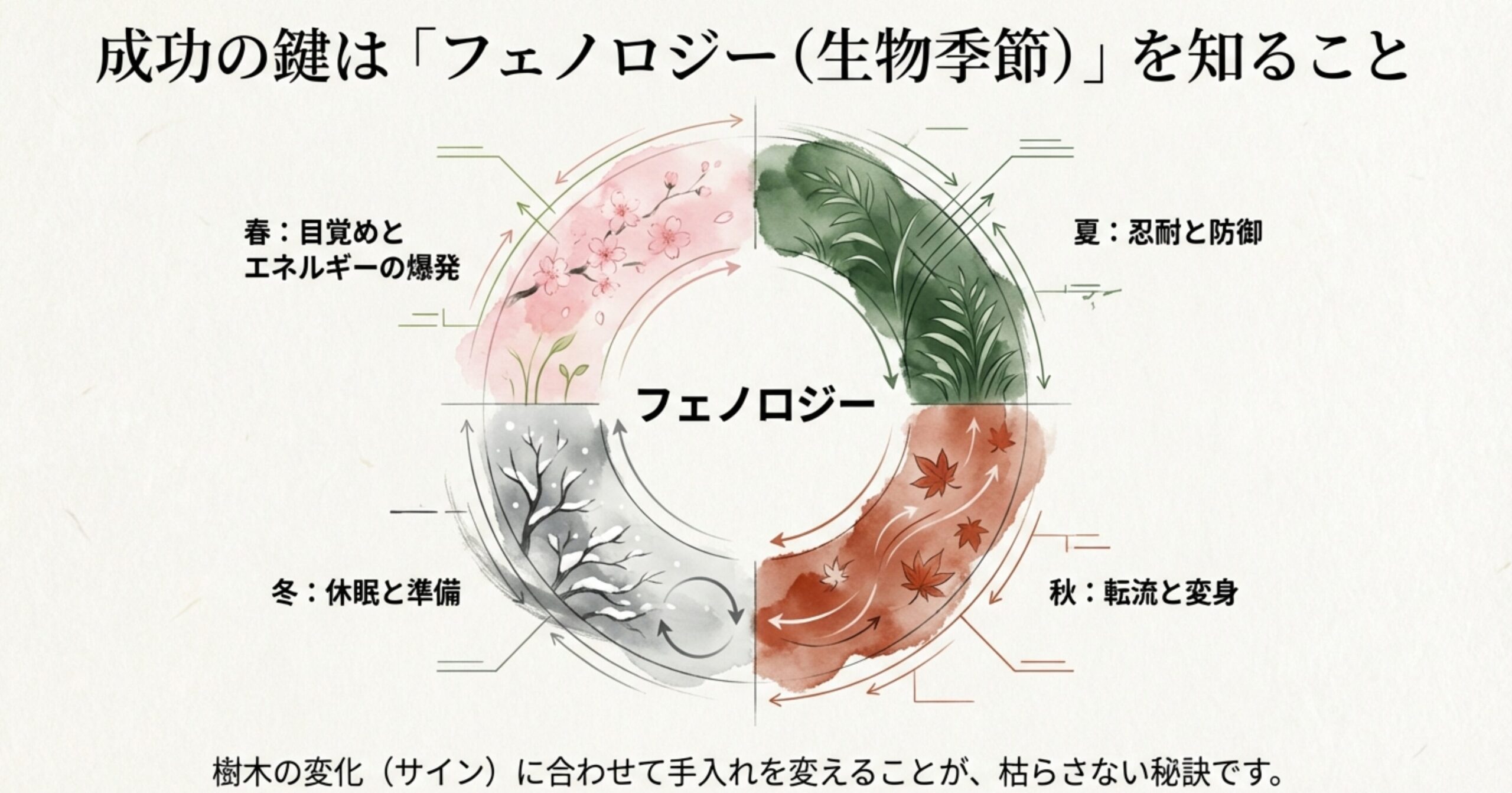 春夏秋冬のフェノロジー(生物季節)と手入れの変化を図解したサイクル画像