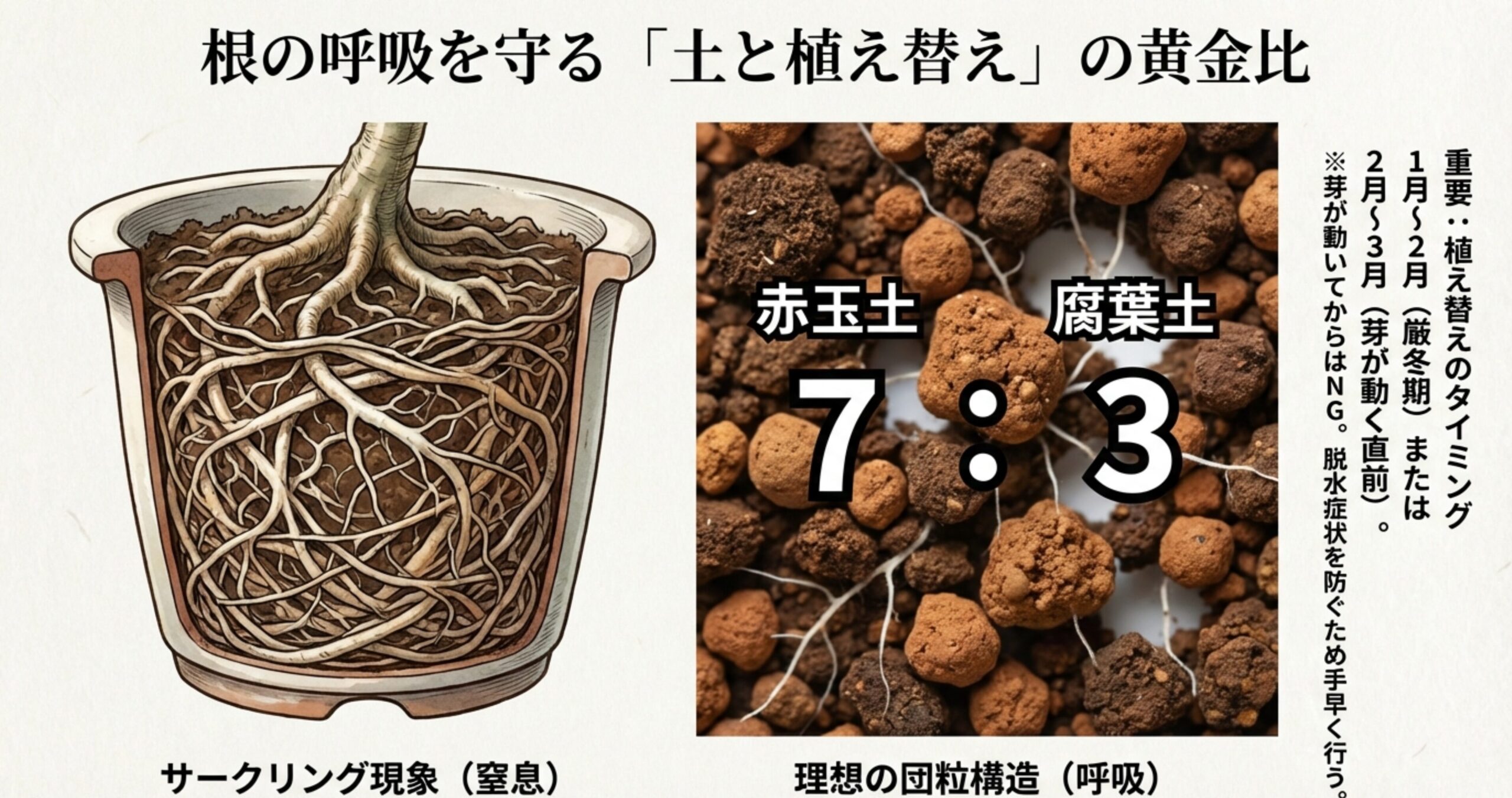 根の呼吸を守る盆栽用土、赤玉土と腐葉土を7対3で配合した画像