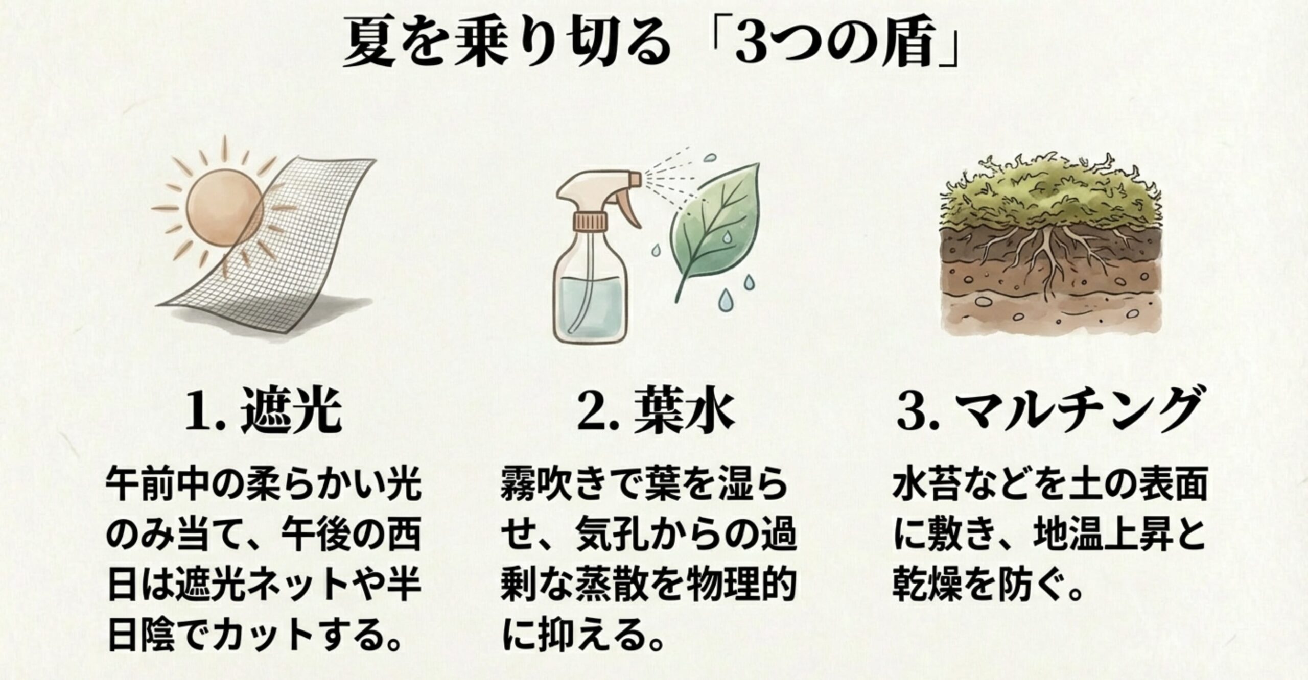 遮光、葉水、マルチングという夏場の乾燥と高温を防ぐ3つの対策イラスト