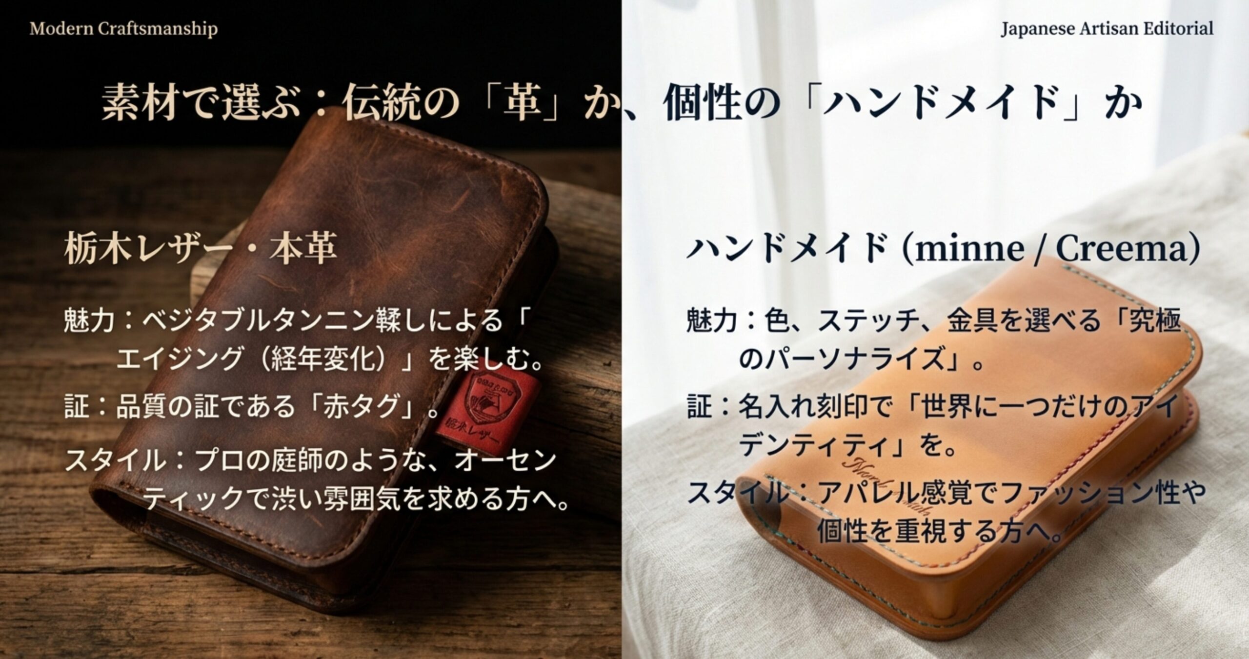 伝統的な本革と個性的なハンドメイド、それぞれの剪定鋏ケースの魅力を比較したスライド画像