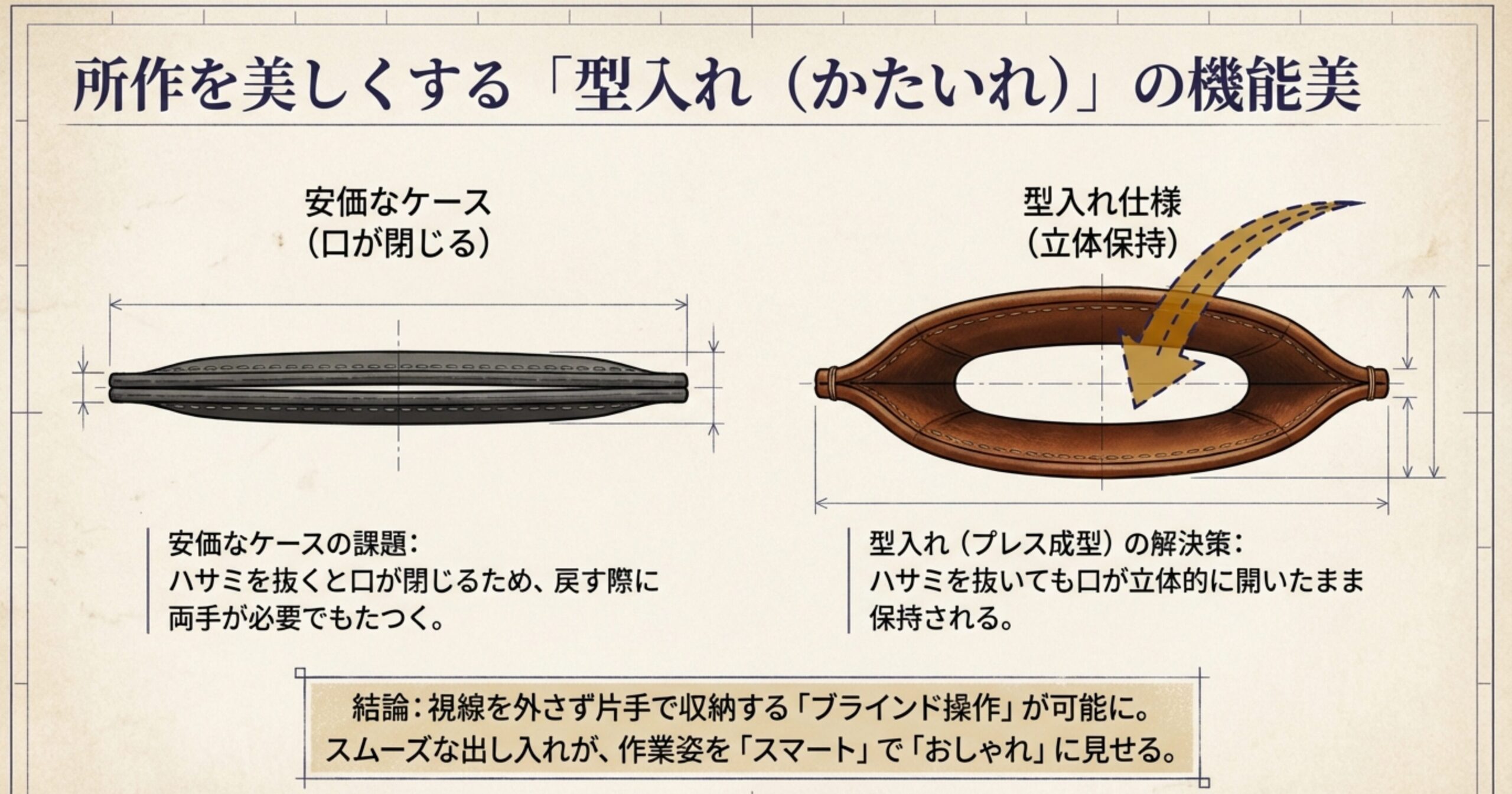 ハサミの出し入れをもたつかせずスマートにする「型入れ仕様」の仕組みを解説したスライド画像