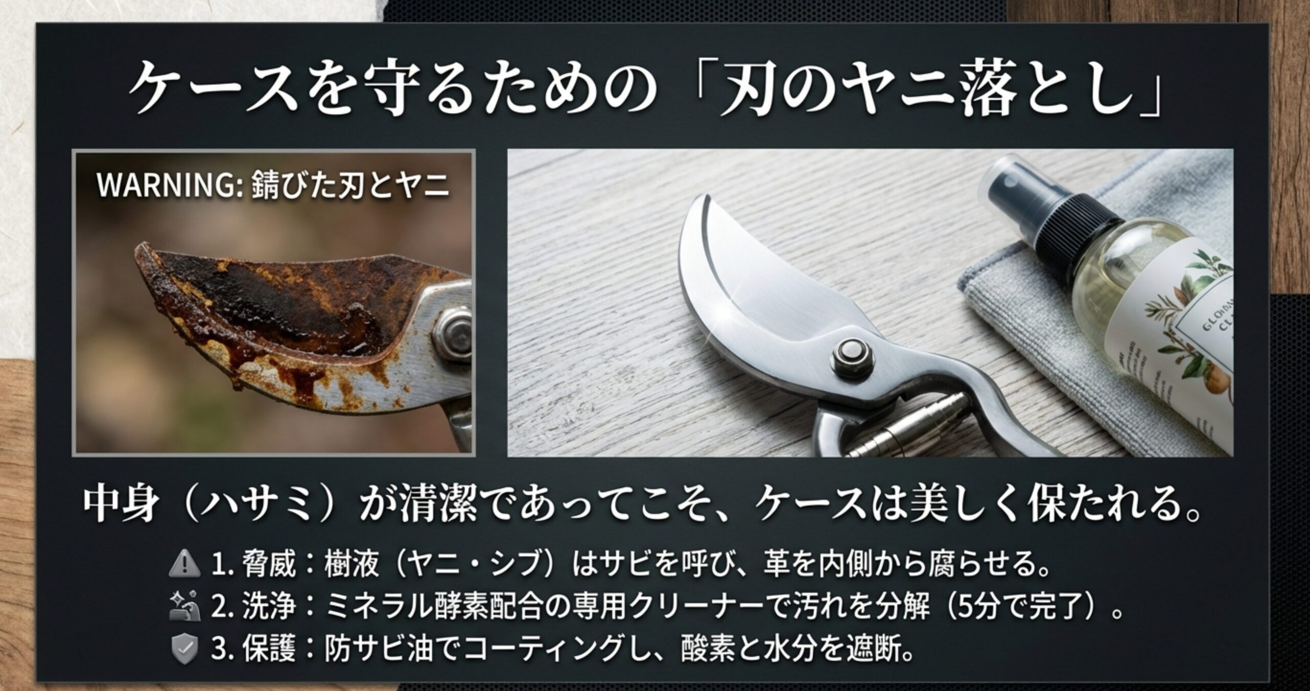 革ケースの劣化を防ぐため、サビやヤニだらけのハサミを洗浄・保護する重要性を解説したスライド画像