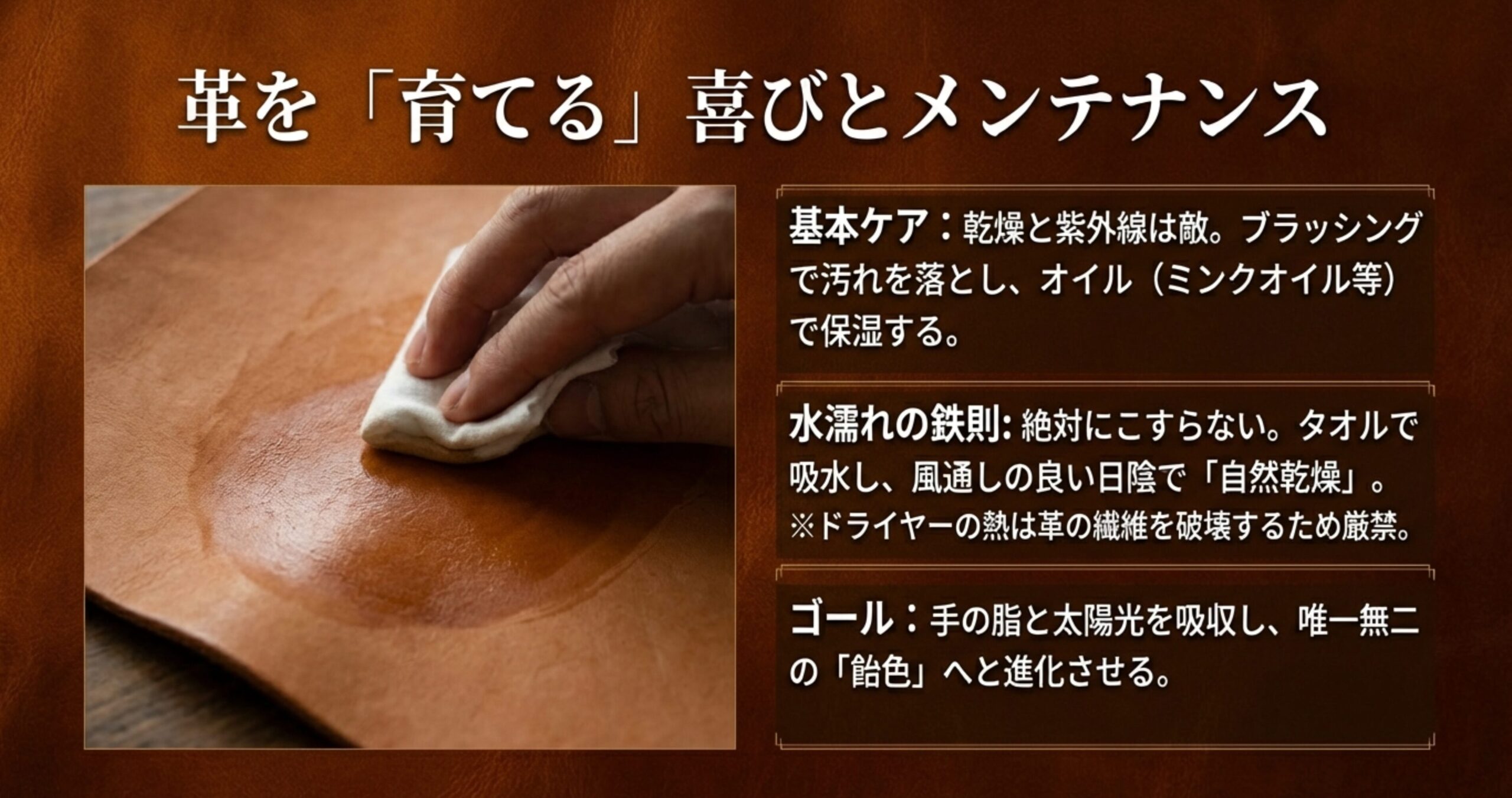 オイルによる保湿や水濡れ時の自然乾燥など、革製ケースを美しい飴色に育てるための手入れ方法を解説したスライド画像