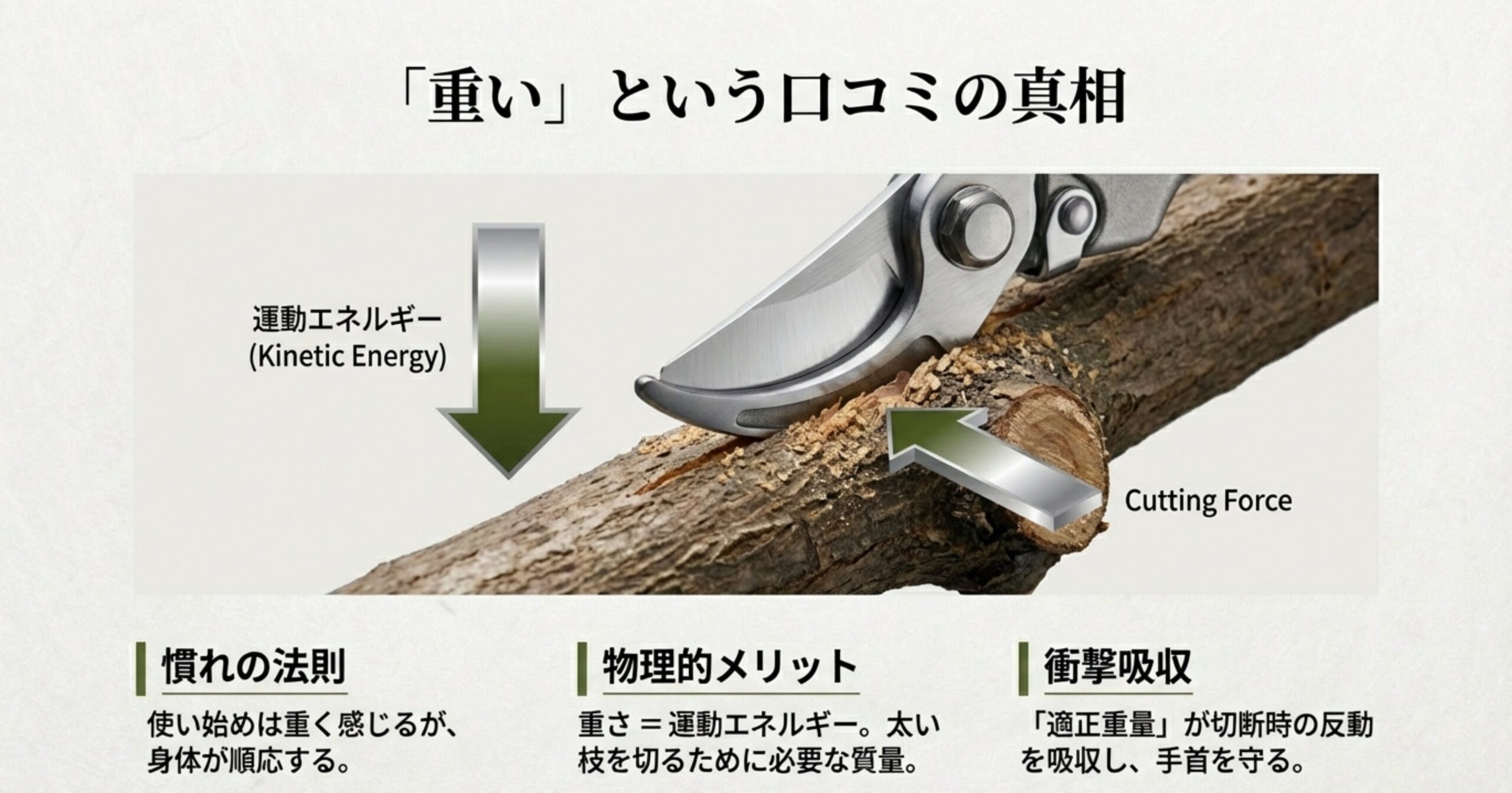 鋏の重さが適正な運動エネルギーを生み出し、太い枝を切る力と衝撃吸収に繋がることを解説する図