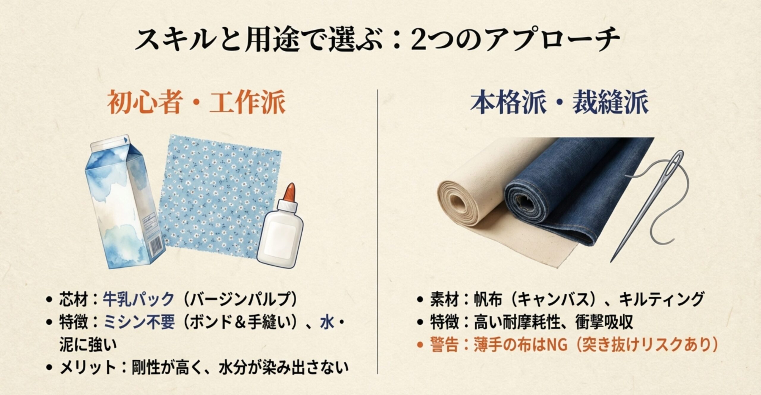 剪定鋏ケース作りの素材比較。初心者・工作派向けの牛乳パック（ミシン不要・耐水）と、本格派・裁縫派向けの帆布・キルティング（耐摩耗・衝撃吸収）の特徴。