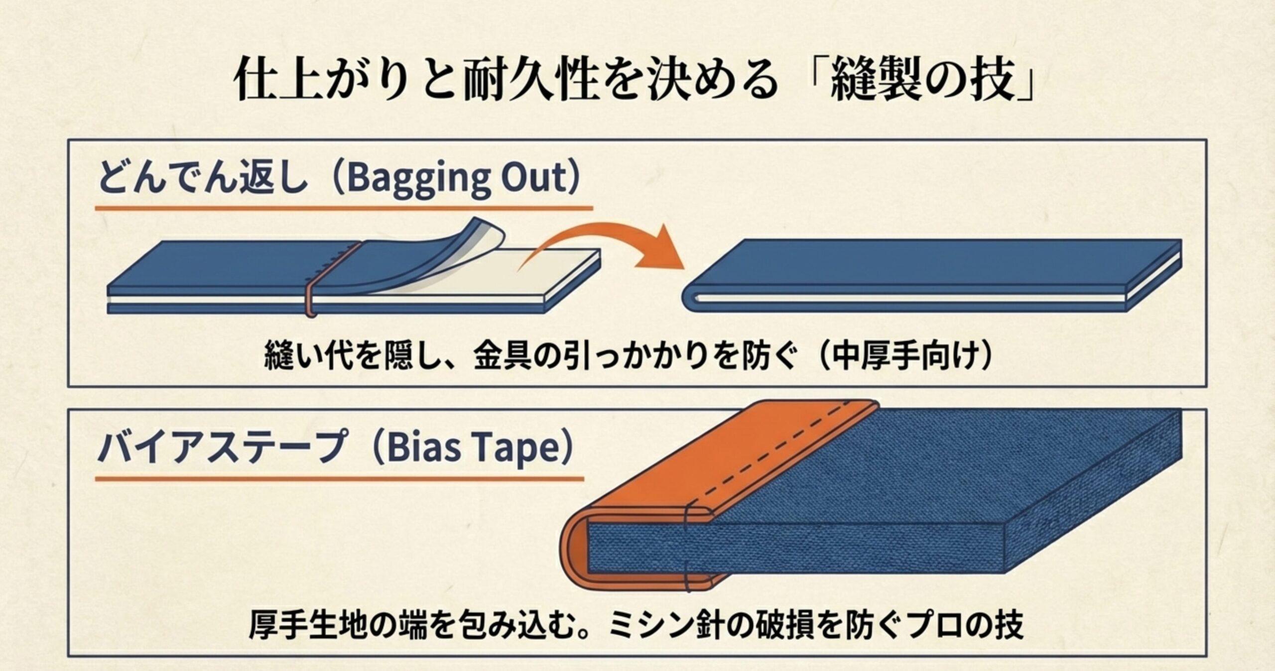 剪定鋏ケースの縫製テクニック。縫い代を隠して金具の引っかかりを防ぐ「どんでん返し」と、厚手生地の端を包み込んでミシン針の破損を防ぐ「バイアステープ」の解説。
