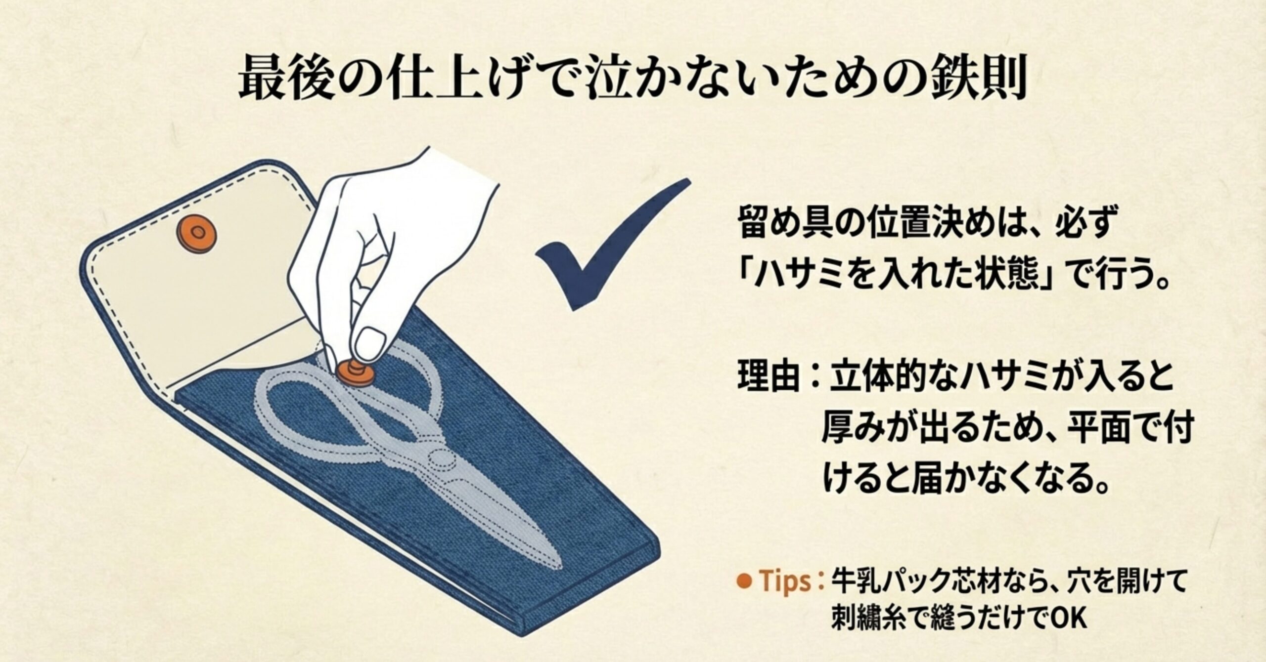 最後の仕上げの鉄則。留め具の位置決めは必ずハサミを入れた状態で行うこと。平面で付けると、立体的なハサミが入った際に厚みが出て届かなくなるため。