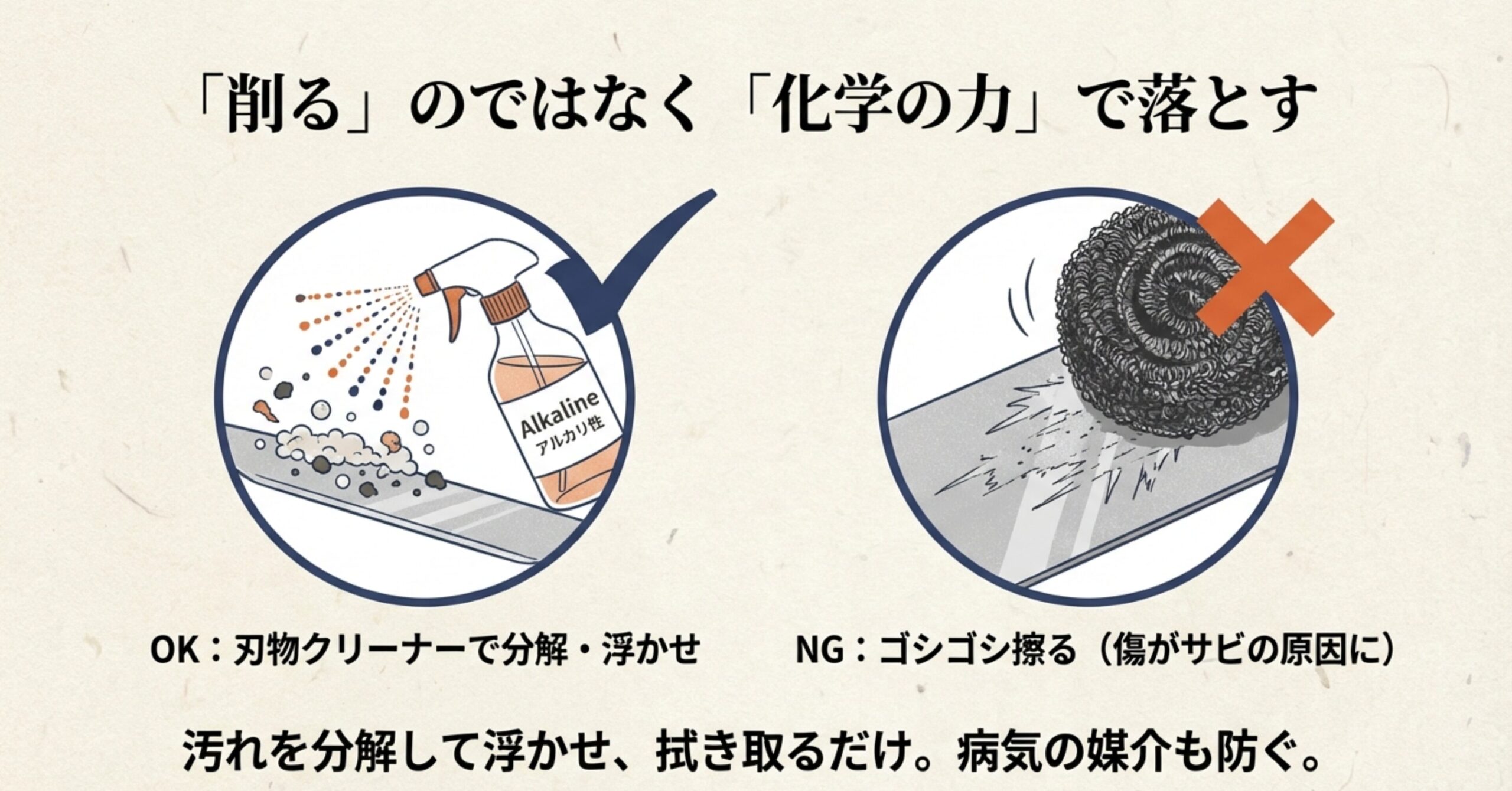 剪定鋏のヤニ落としはゴシゴシ擦る物理的な方法はNG。アルカリ性刃物クリーナーを使用し、汚れを分解して浮かせてから拭き取る「化学の力」でのメンテナンスが基本。