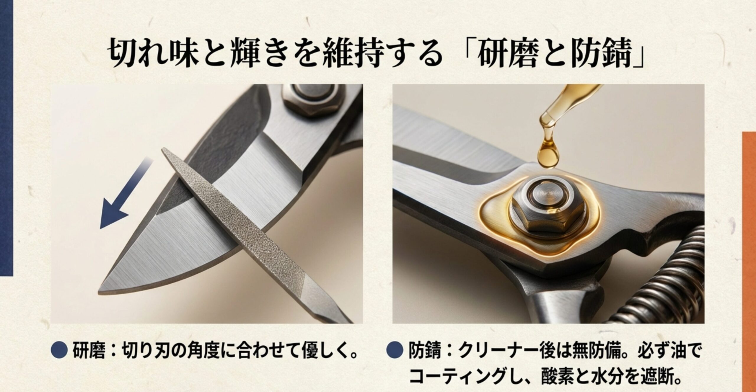 剪定鋏の研磨と防錆のコツ。切り刃の角度に合わせて優しく研磨し、クリーナー洗浄後は無防備になるため必ず油でコーティングして酸素と水分を遮断する。