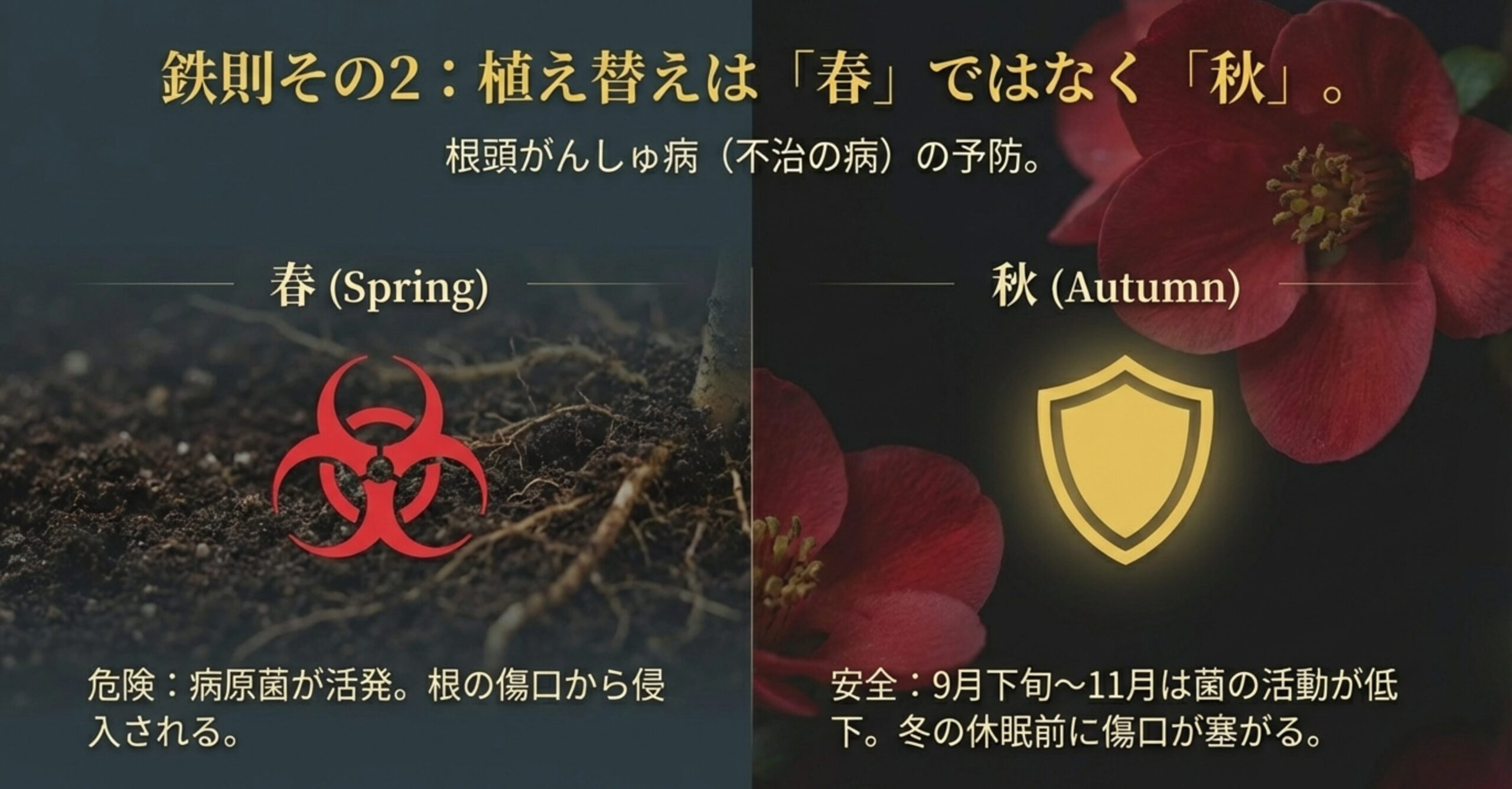 盾のアイコン。根頭がんしゅ病予防のため、植え替えは病原菌が活発な春ではなく、菌の活動が低下する秋(9月下旬〜11月)に行うべきという鉄則スライド 。