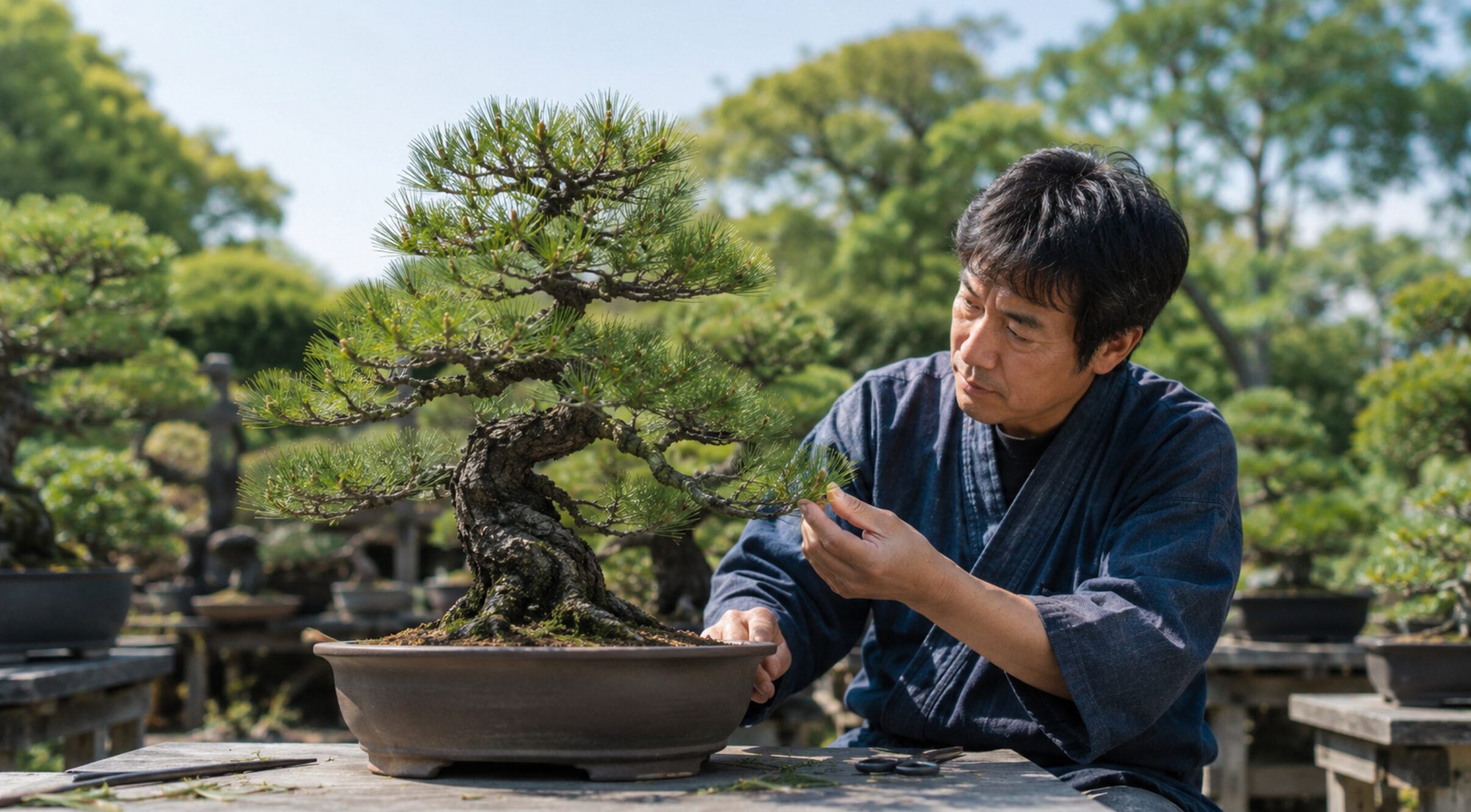 黒松盆栽の芽の伸びと葉色を観察して芽切りできる樹勢か判断する様子